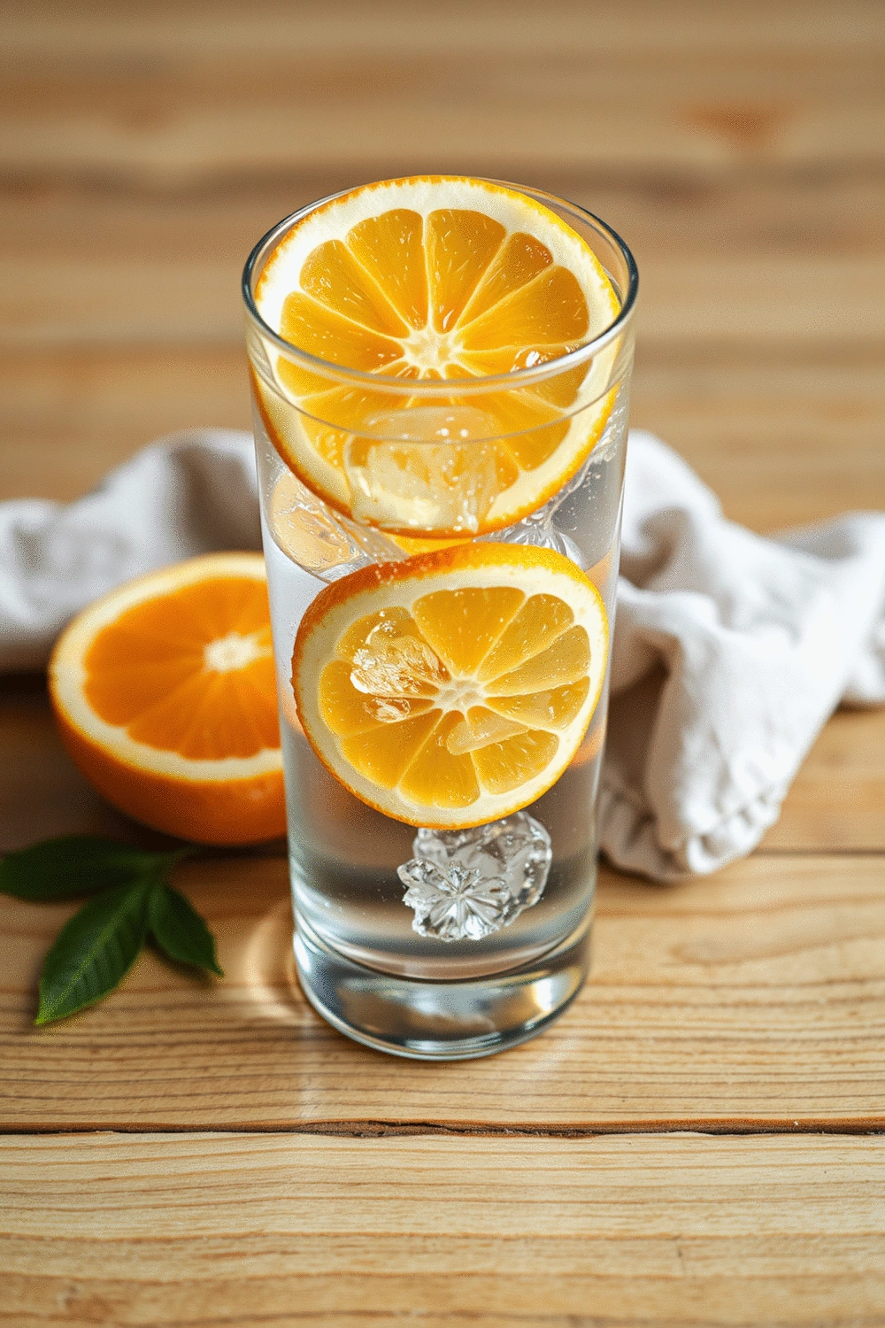 A clear glass of water with sliced citrus fruits and ice, placed on a clean wooden surface, symbolizing hydration and mental clarity.