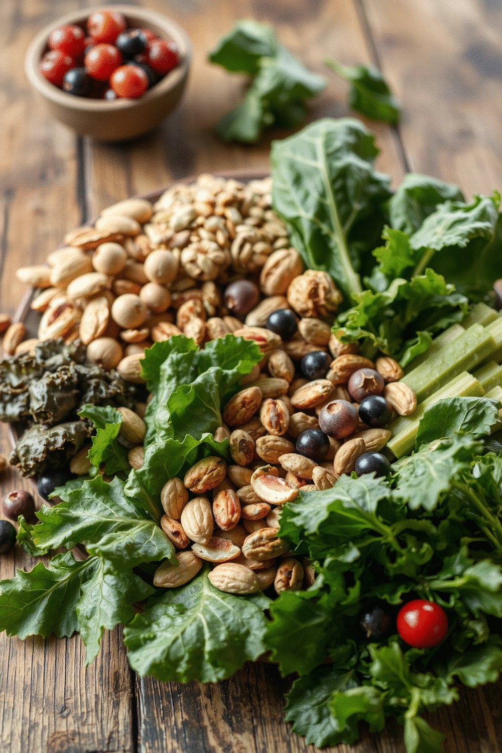A balanced array of nutrient-dense foods beneficial for women during menopause, including leafy greens, nuts, seeds, and berries, arranged on a rustic wooden table.
