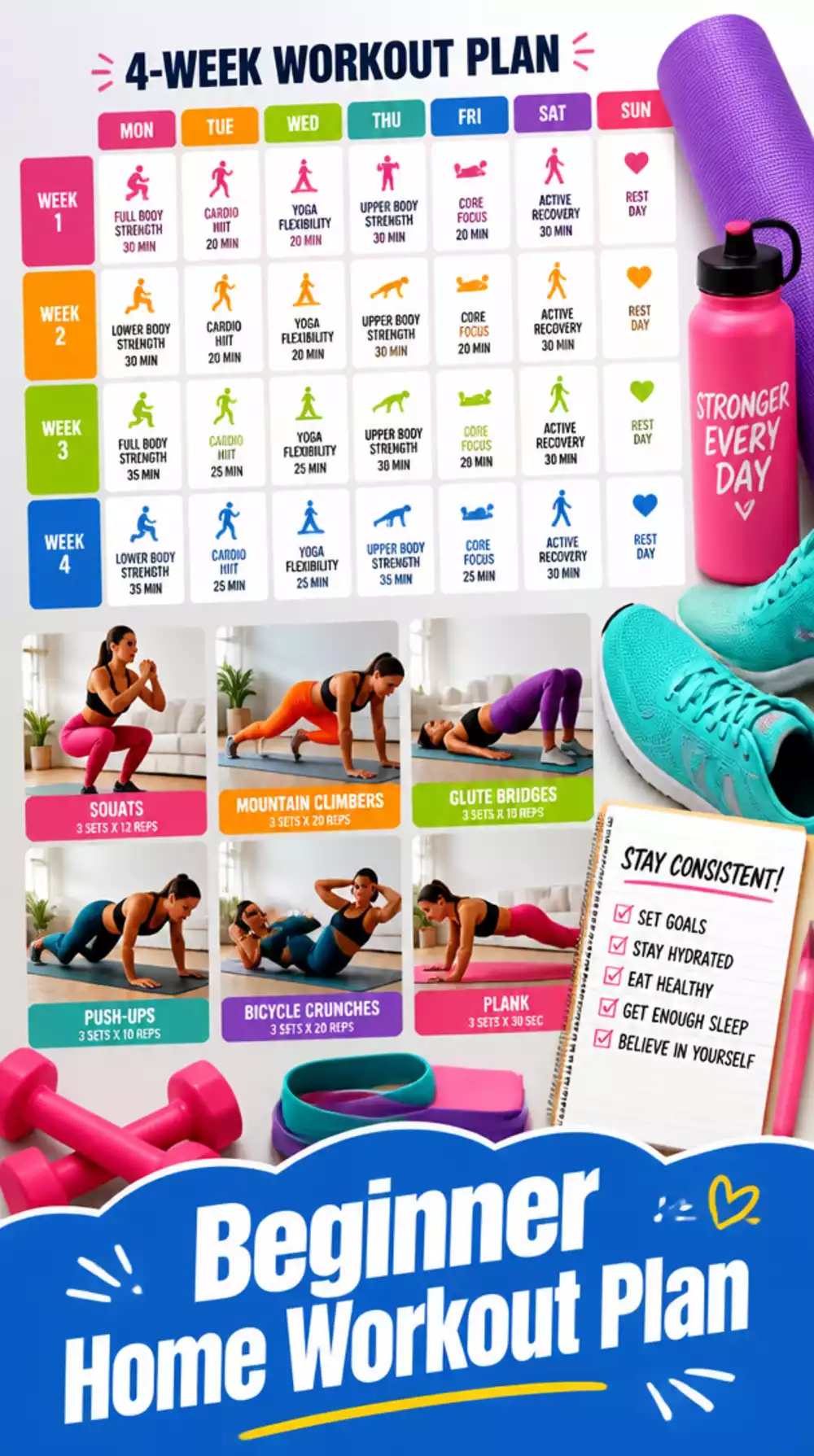 Beginner Home Workout Printable Plan That Covers Four Weeks of Training