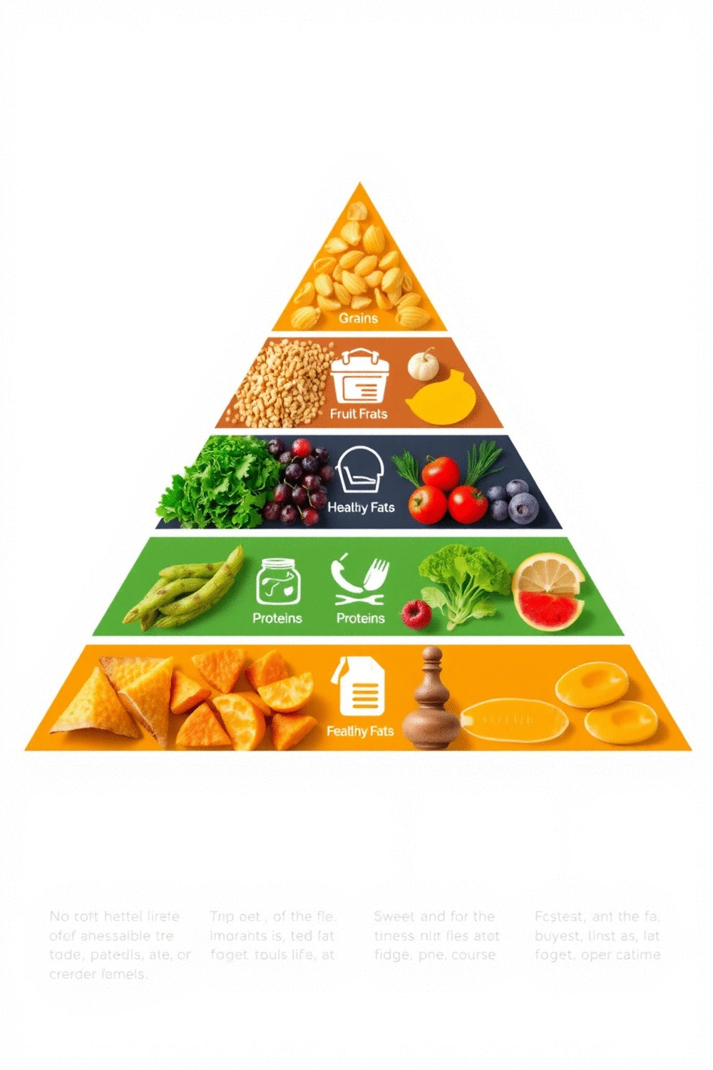 Nutritional pyramid with symbols of various food groups like grains, vegetables, fruits, proteins, and fats, illustrating a balanced diet concept.