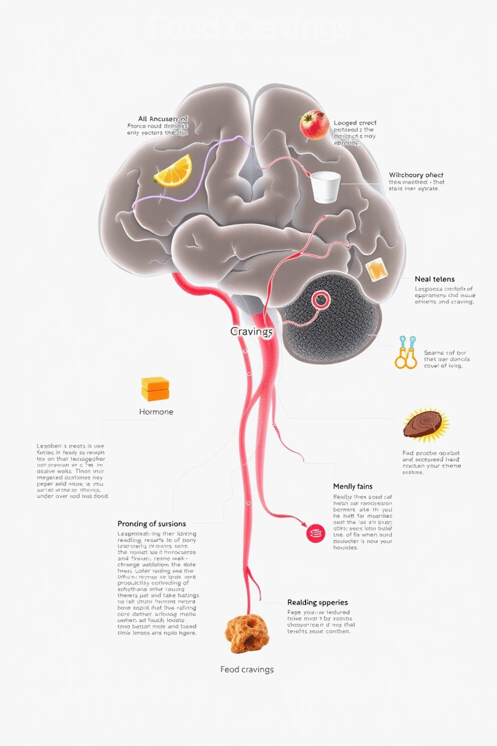 Scientific diagram illustrating the biological and emotional pathways of food cravings within the brain, with abstract representations of hormones and neural activity.