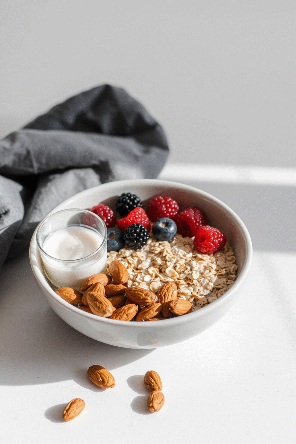 Assortment of pre-workout snacks: a bowl of oats with berries, a small glass of Greek yogurt, and a handful of almonds arranged on a clean, light-colored surface.