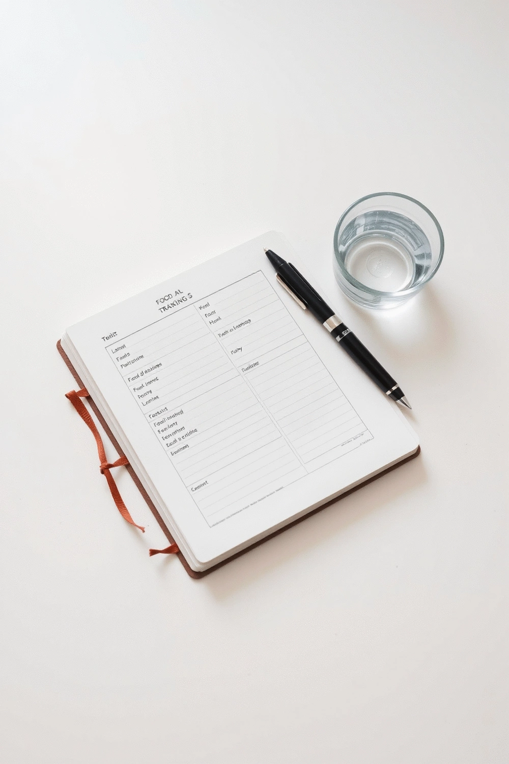 A journal open to a page with food tracking entries, next to a pen and a small glass of water, on a clean, light-colored desk. The scene is calm and organized.