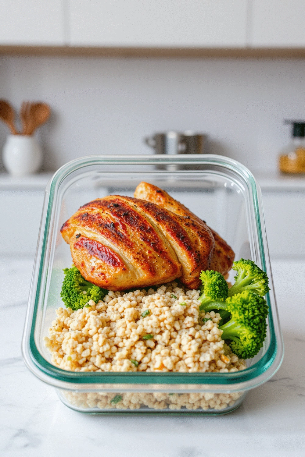A beautifully arranged meal prep container filled with a balanced meal of grilled chicken, quinoa, and steamed broccoli, ready for consumption.