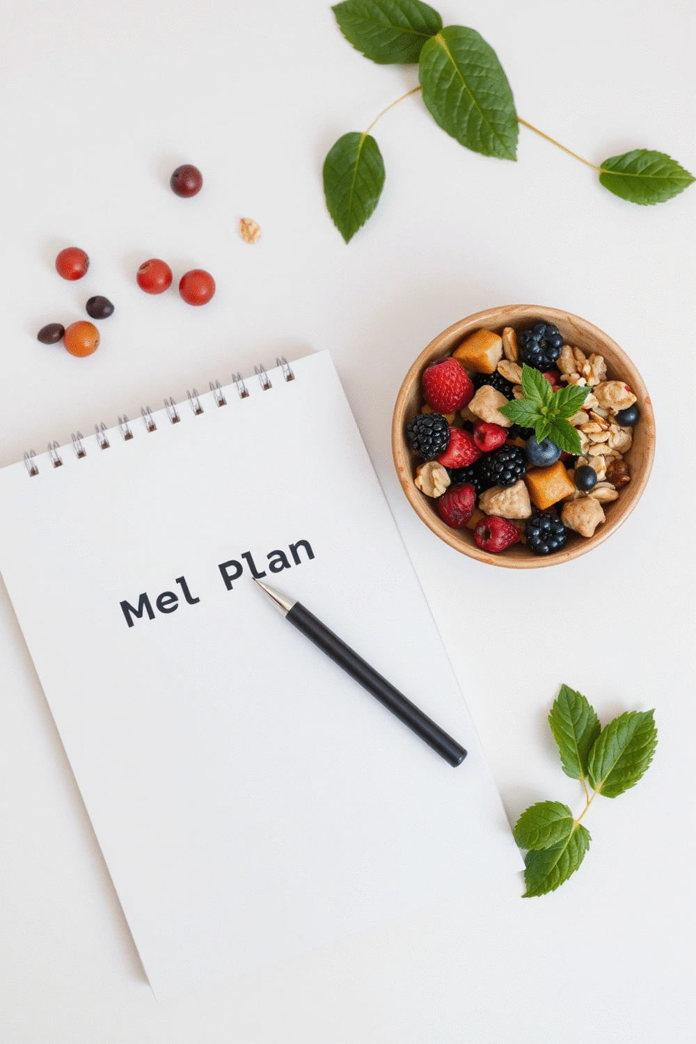 A flat lay of a minimalist meal plan notebook and a pen next to a small bowl of colorful ingredients like berries, nuts, and oats, representing personalized nutrition planning.