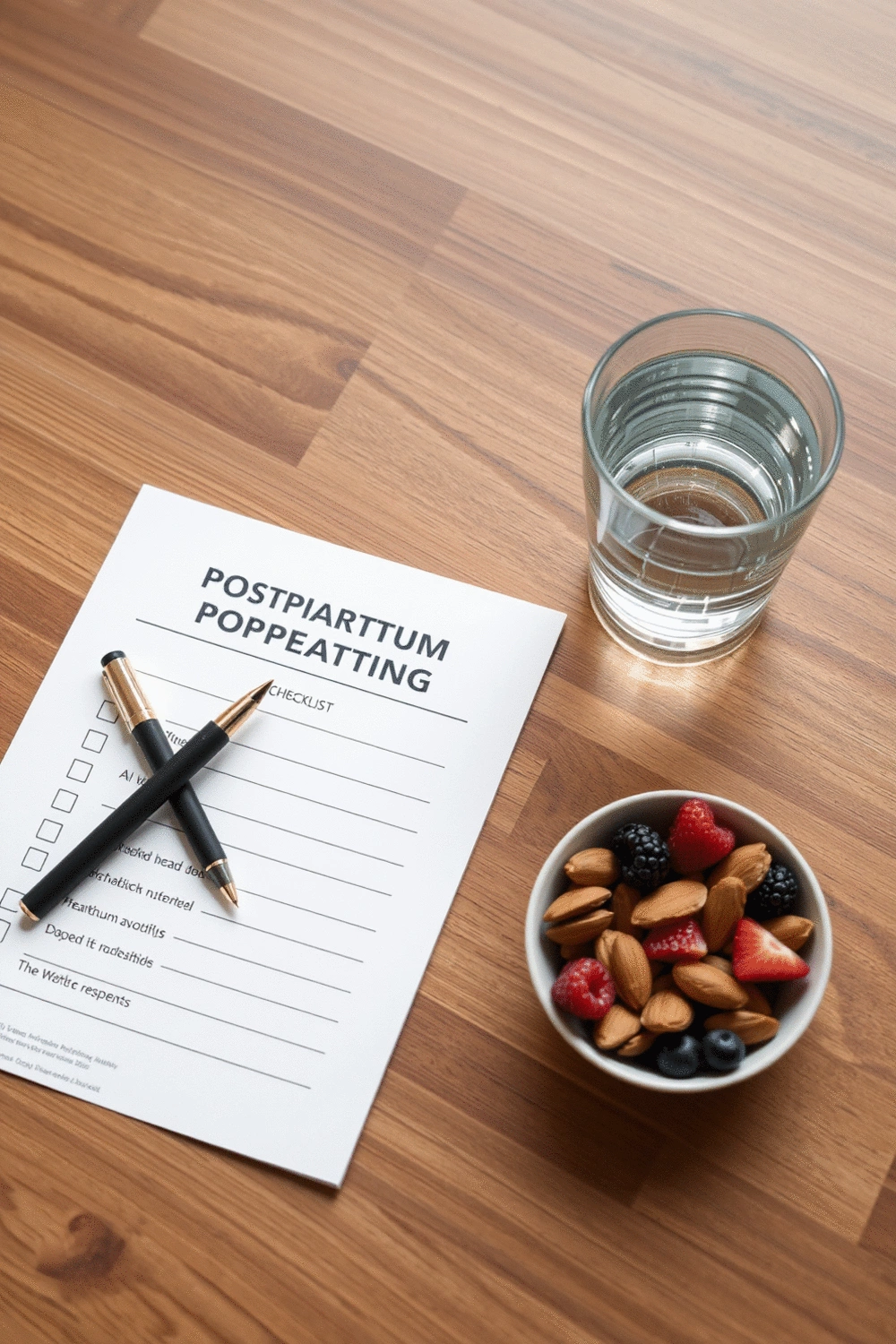 A beautifully arranged flat lay of a postpartum nutrition checklist, a pen, a glass of water, and a small bowl of healthy snacks, emphasizing organization and healthy habits