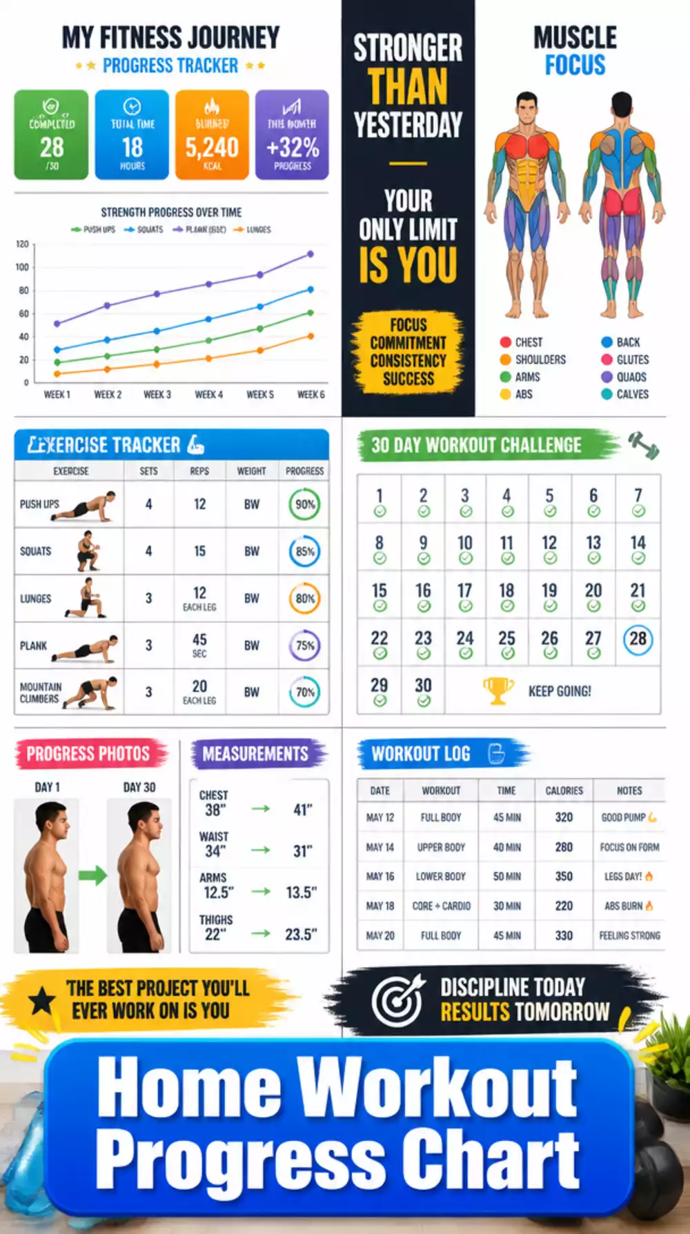 Home Workout Progress Chart That Shows Strength Gains Over Time