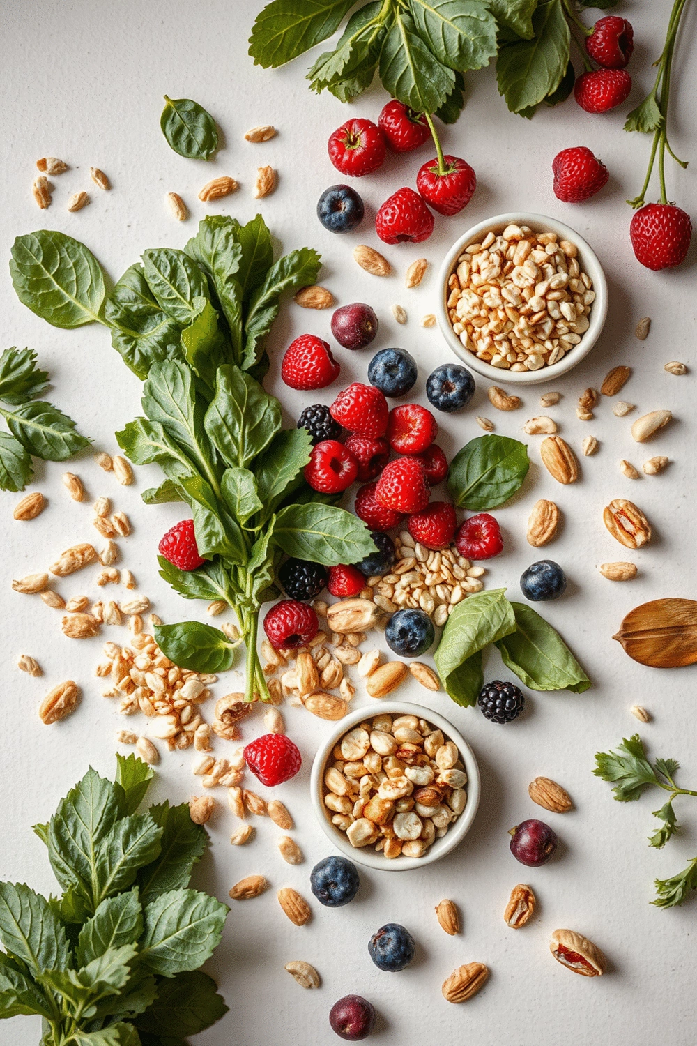 Flat lay of various healthy foods like leafy greens, nuts, and berries arranged on a clean background, symbolizing balanced nutrition for hormonal health.