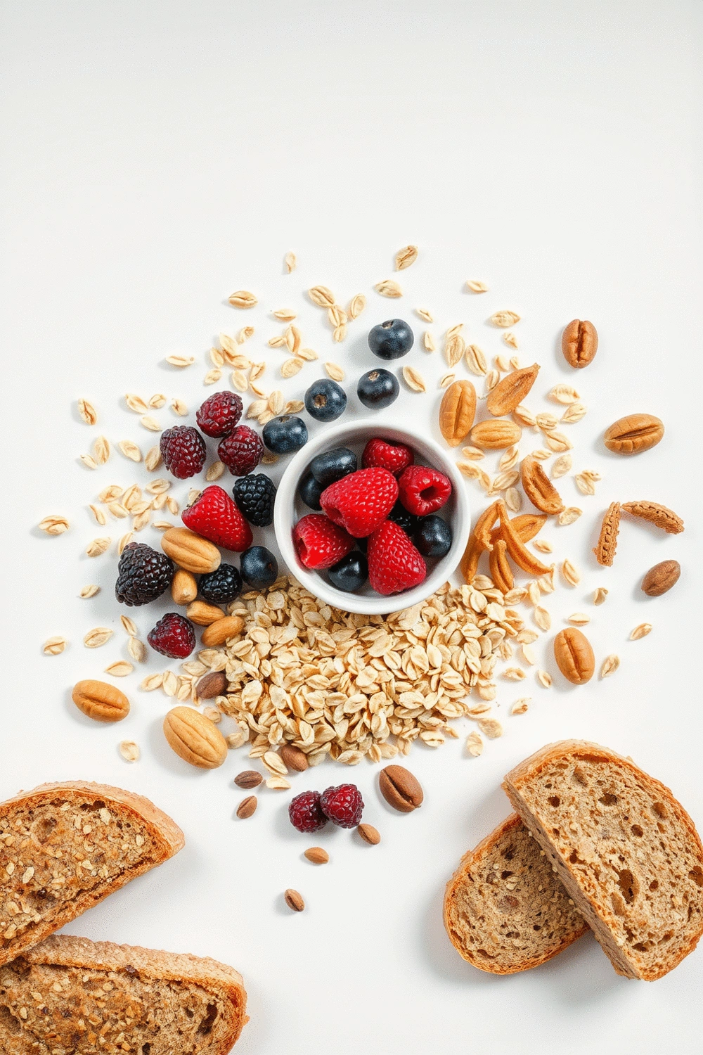 Stylized flat lay of various high-fiber foods like oats, berries, nuts, and whole-grain bread on a clean background