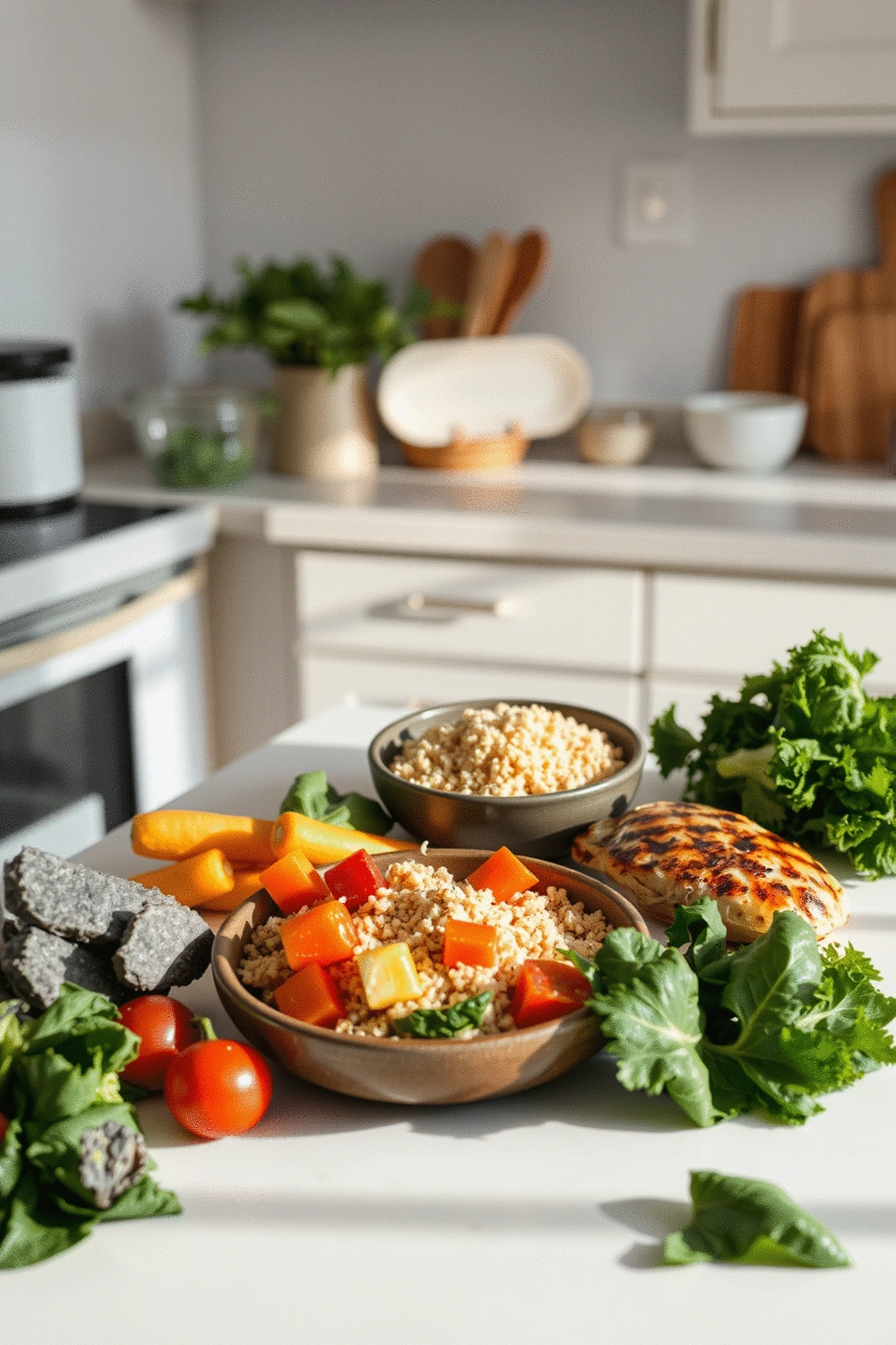 A serene still life of a cozy kitchen counter with a healthy meal prep spread, including pre-cut vegetables, cooked quinoa, and grilled chicken, symbolizing ease and nourishment for busy new mothers