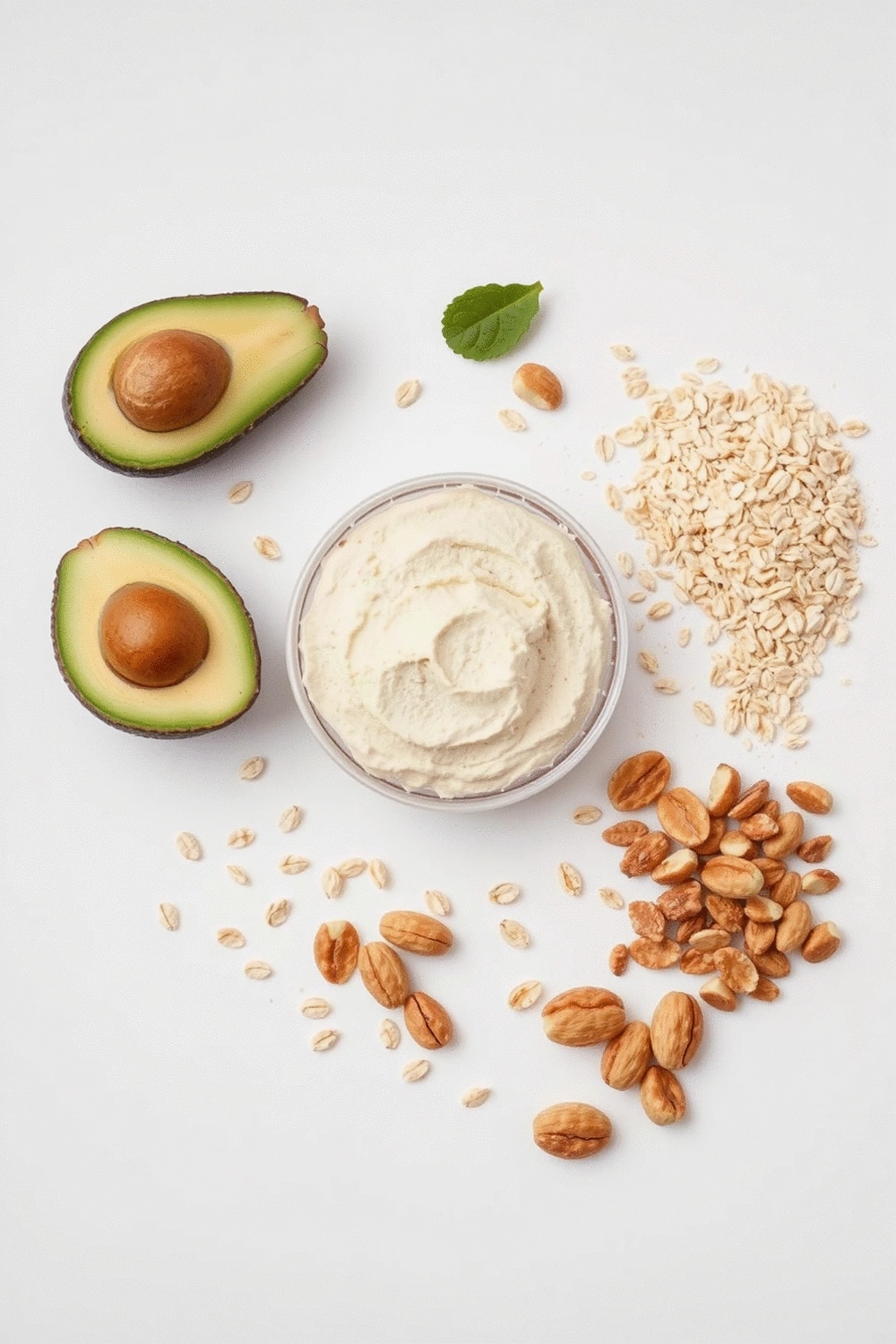 Stylized flat-lay of protein powder, oats, and healthy fats like avocado and nuts, arranged neatly on a clean white background.