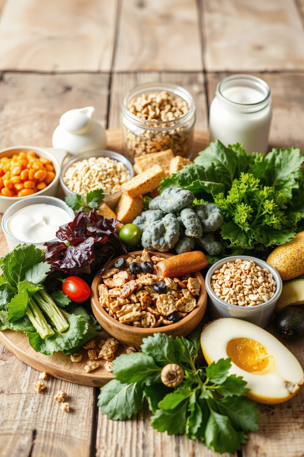 A collection of nutrient-rich foods such as leafy greens, iron-fortified cereals, and calcium-rich dairy substitutes, artfully arranged on a rustic wooden table.
