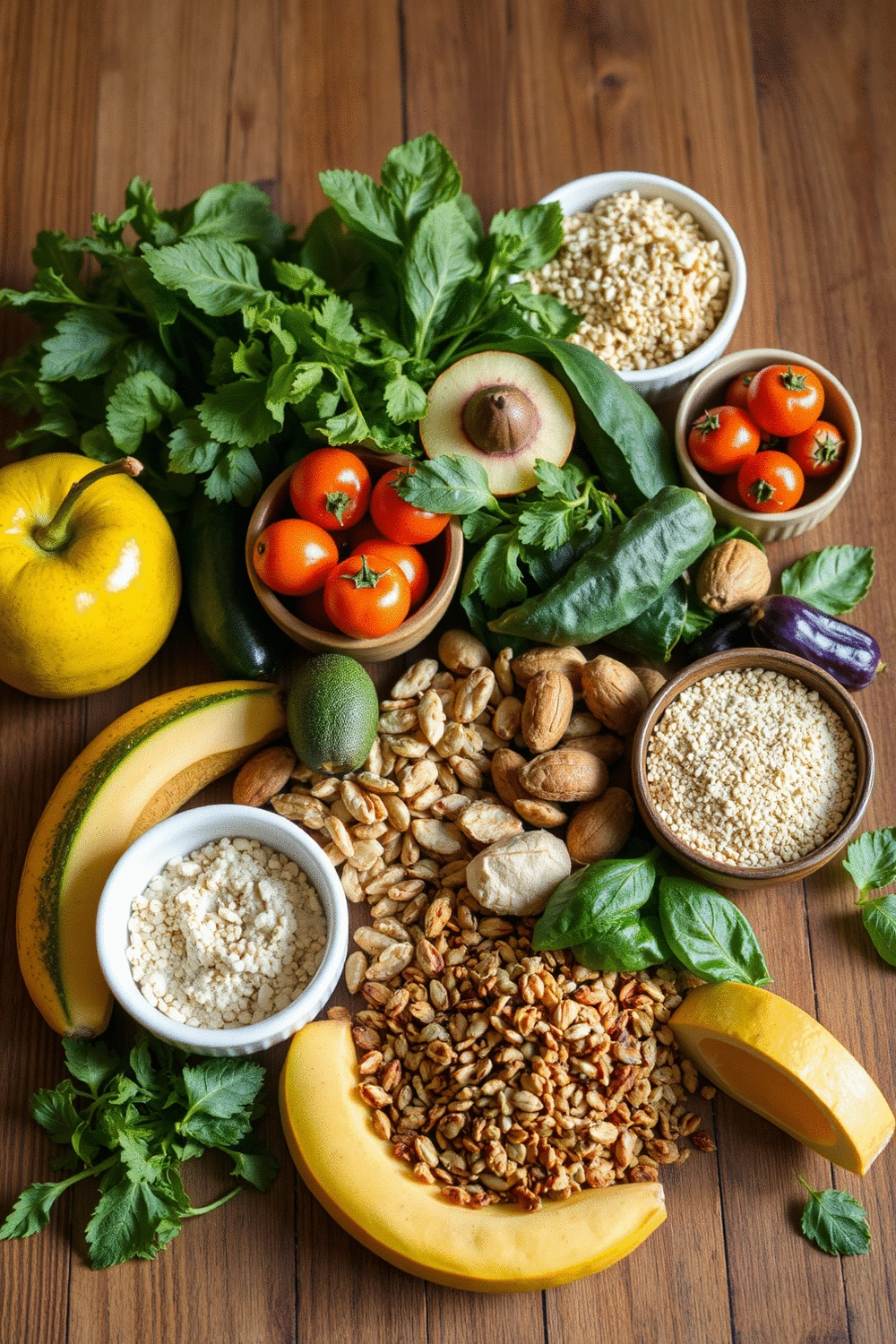 Stylized flat-lay of nutrient-dense foods including fresh fruits, vegetables, nuts, and whole grains on a wooden table.
