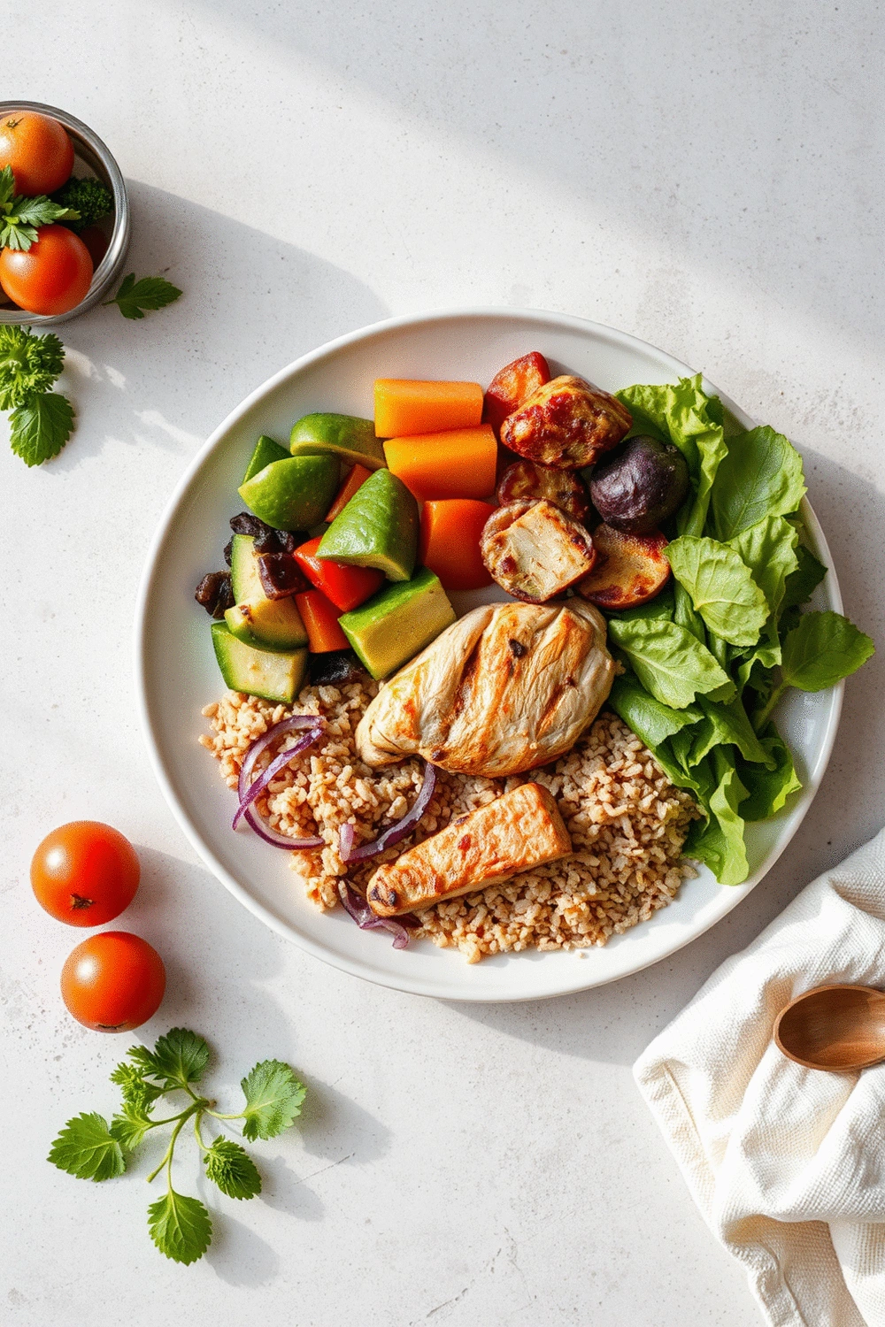 A balanced meal with colorful vegetables, lean protein, and whole grains, representing a personalized nutrition plan.