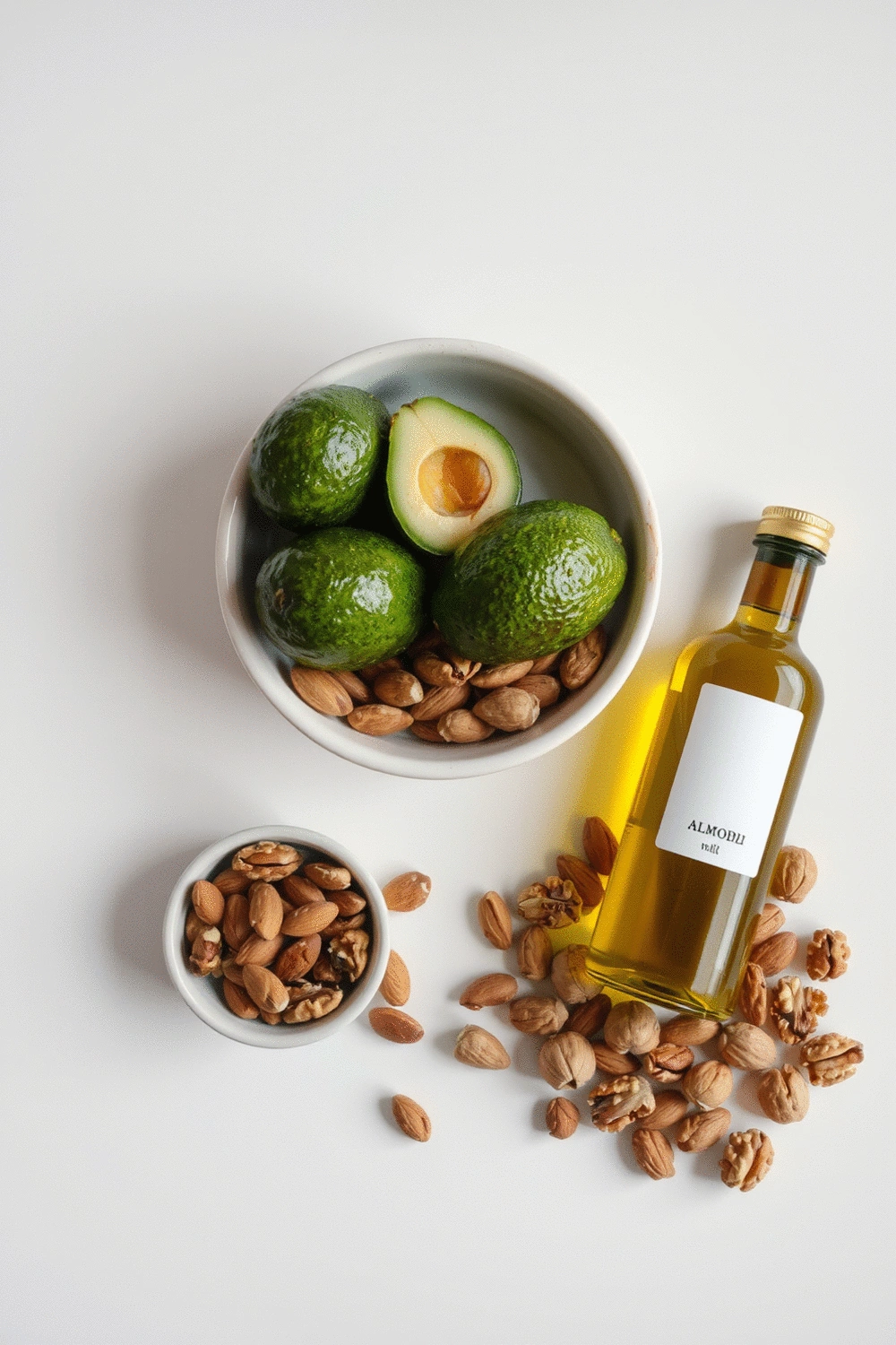 Assortment of healthy fat sources like avocados, olive oil, and various nuts on a clean background.