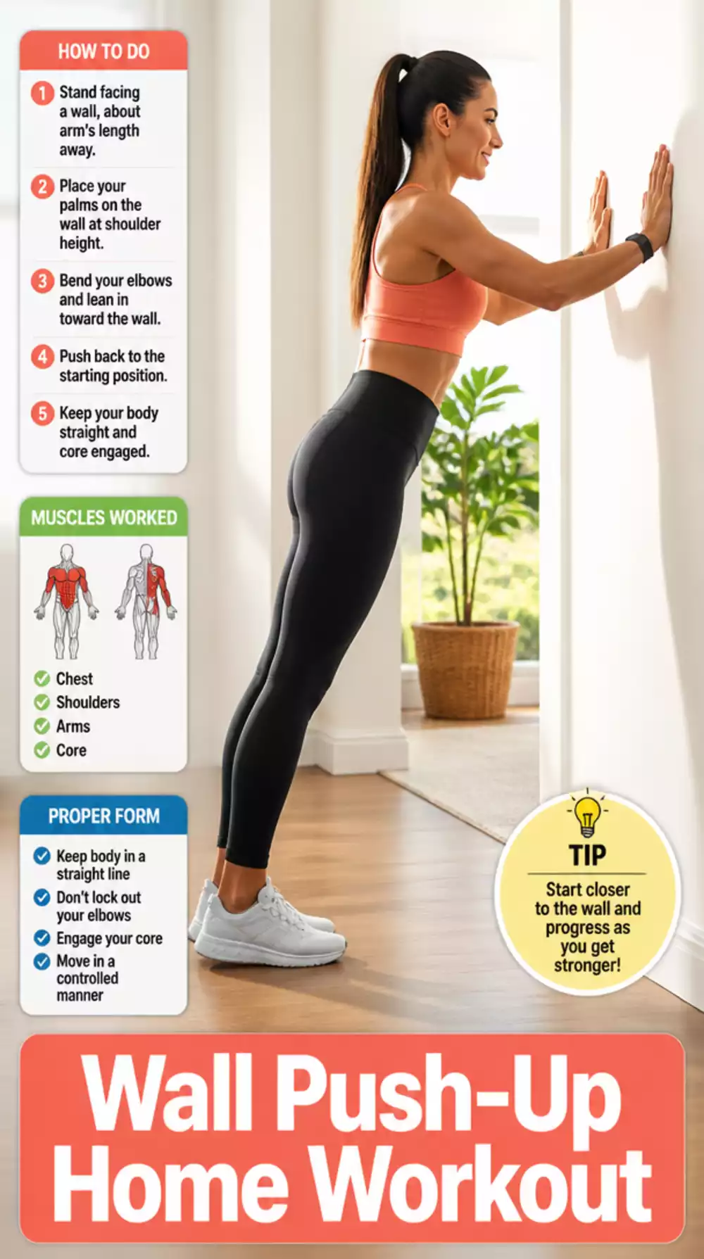 Wall Push-Up Home Workout for Beginner Upper Body Strength