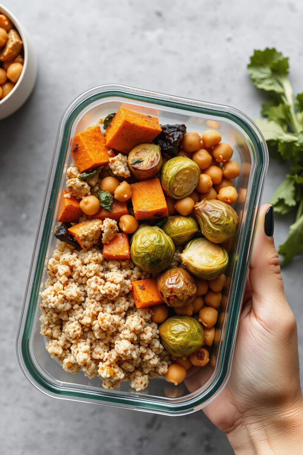 A balanced meal prep container filled with a fiber-rich meal, featuring quinoa, roasted vegetables like sweet potatoes and Brussels sprouts, and a side of chickpeas, all neatly arranged.
