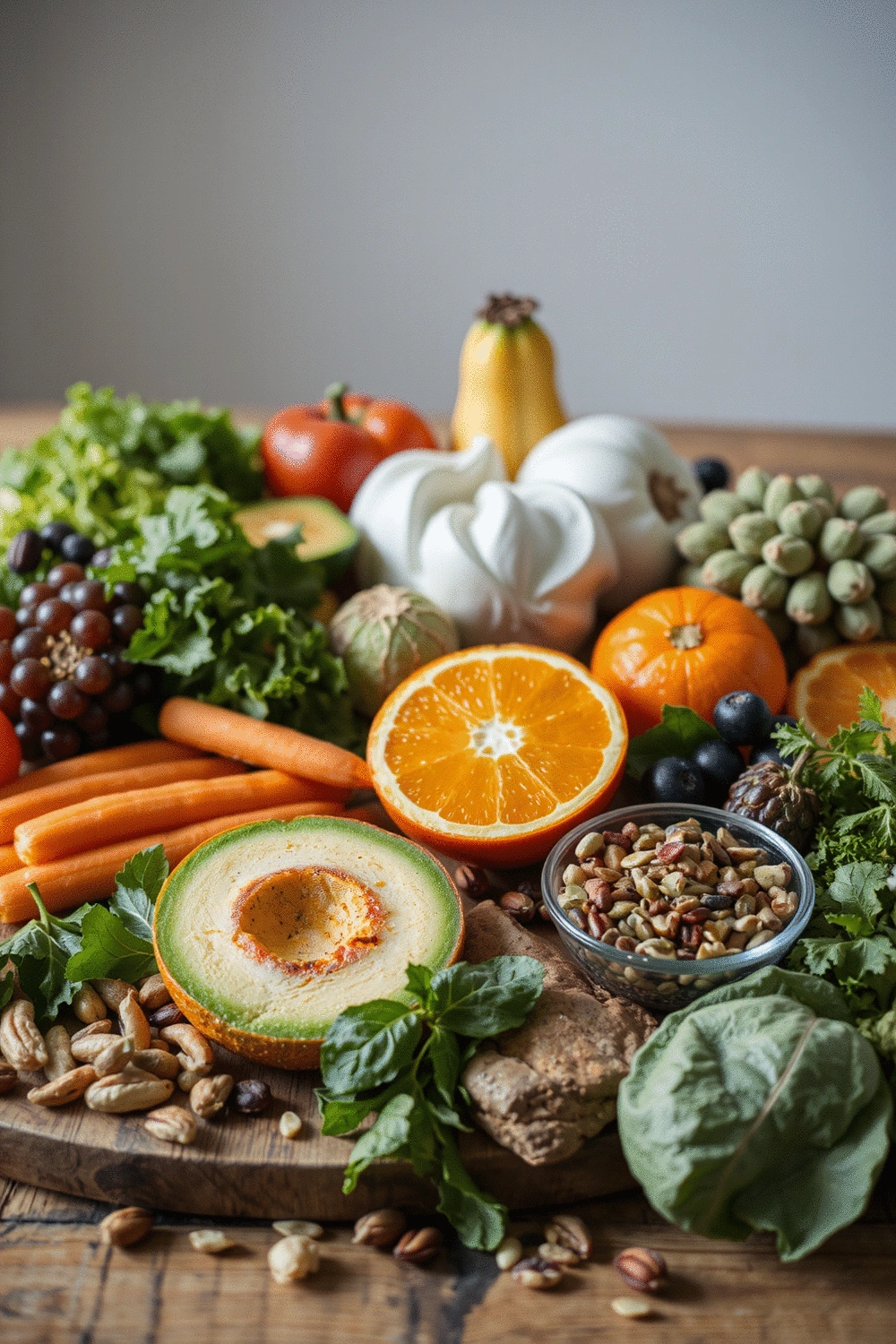 Assortment of vibrant plant-based foods including fresh fruits, vegetables, nuts, seeds, and whole grains, arranged aesthetically on a wooden table.