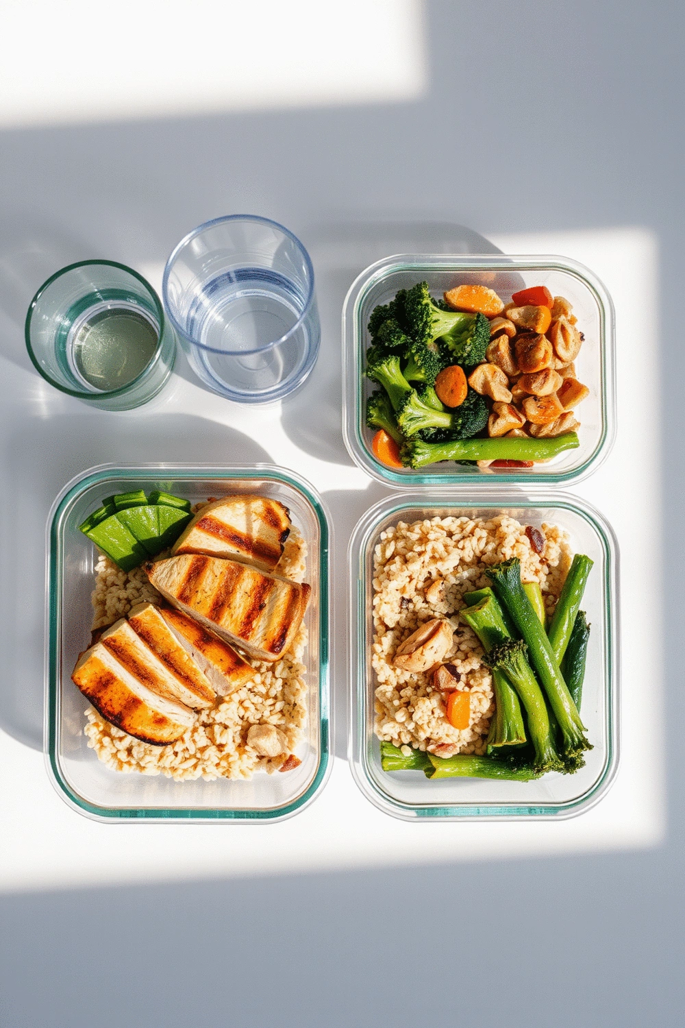 Flat lay of a balanced meal prep container with sections for grilled chicken, quinoa, and steamed vegetables, alongside a small glass of water.
