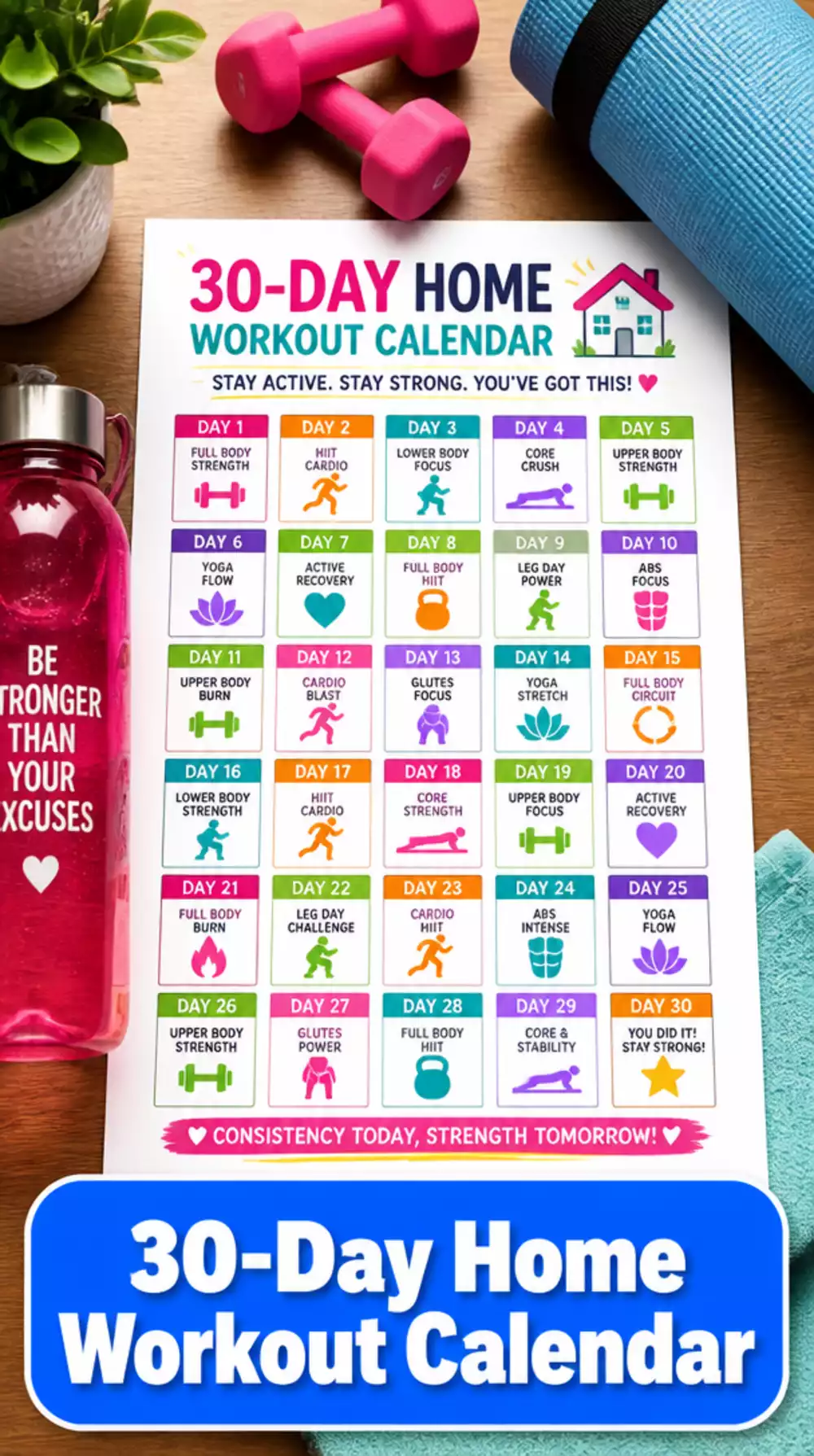 30-Day Home Workout Challenge Printable Calendar for Women