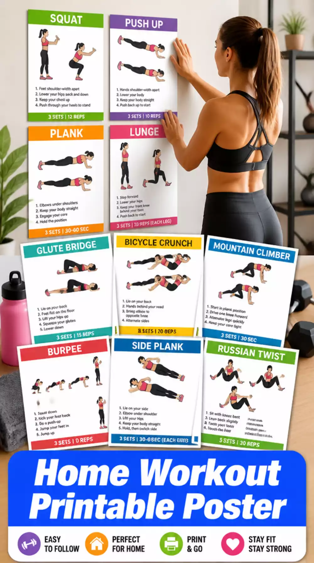 Home Workout Printable Poster with Exercises Shown and Instructions