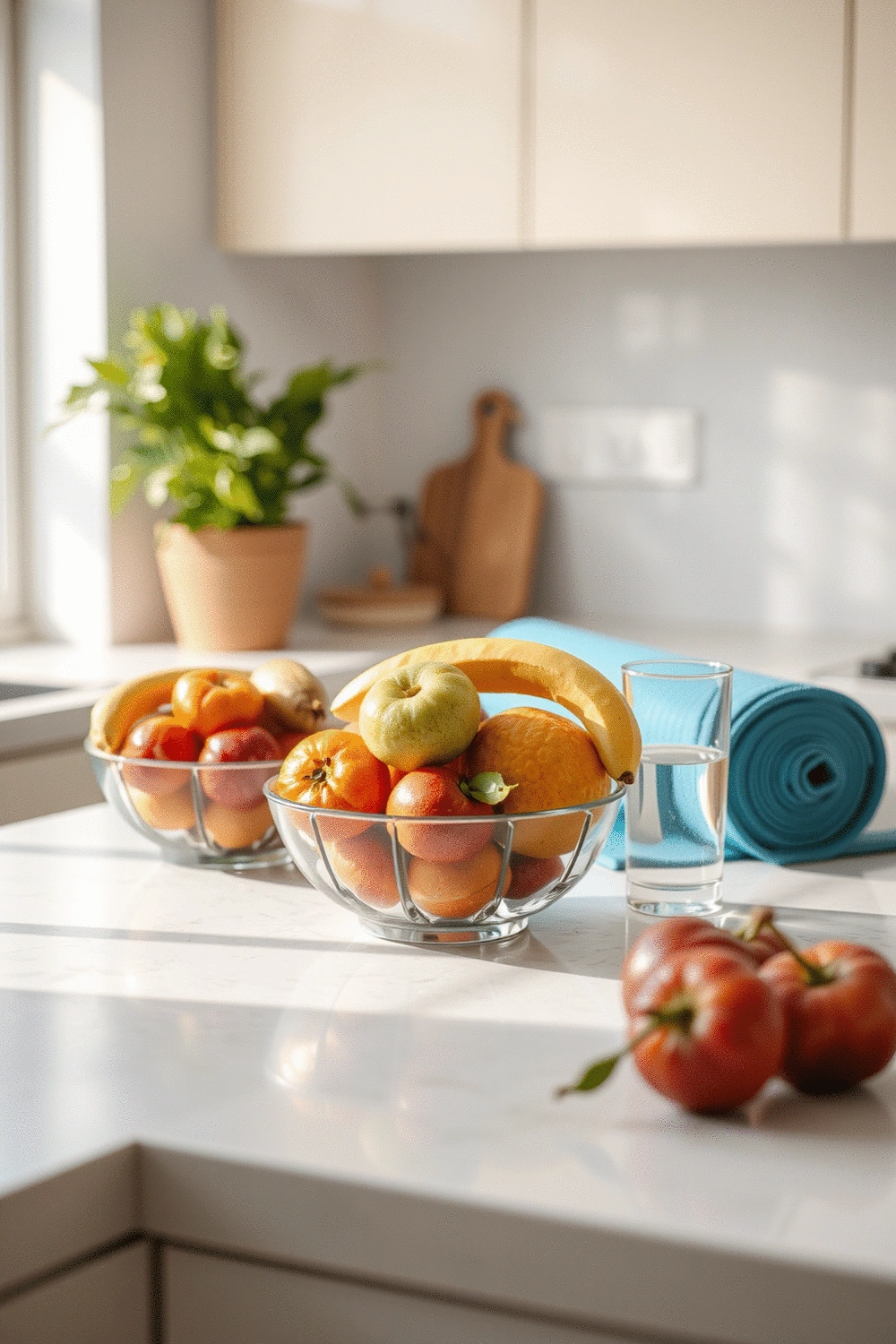 A serene and clean kitchen counter with a bowl of fresh fruits, a glass of water, and a yoga mat rolled out in the background, symbolizing a holistic approach to health.