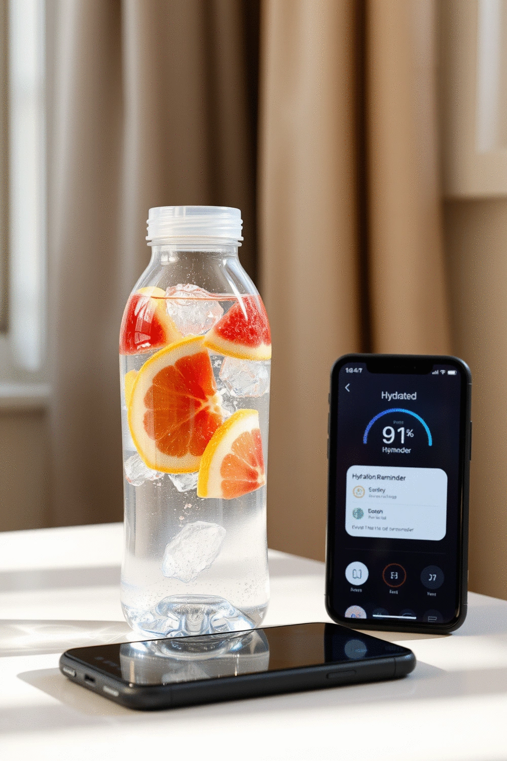A stylish water bottle filled with fruit-infused water, next to a smartphone displaying a hydration reminder app, on a clean, light-colored surface.