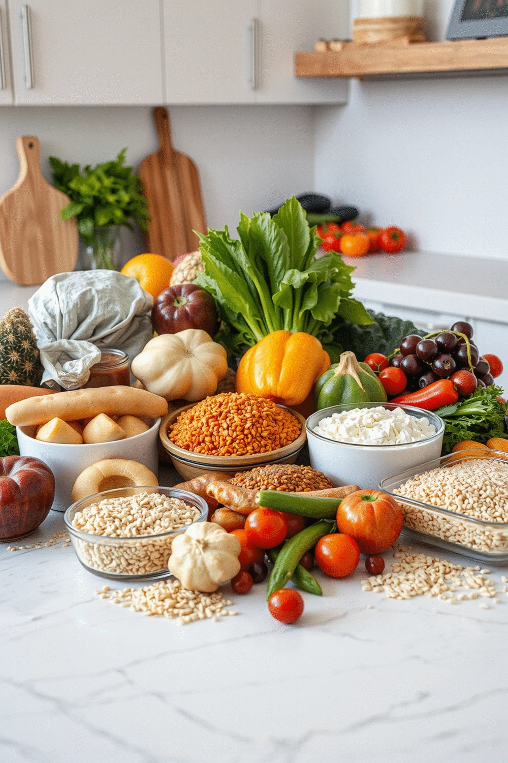 Assortment of fresh fruits, vegetables, lean protein sources, and whole grains arranged on a clean kitchen counter, symbolizing balanced nutrition for muscle development.