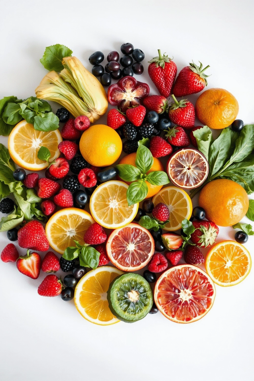 Assortment of vibrant fruits and vegetables, symbolizing nutrient-rich foods for skin health.