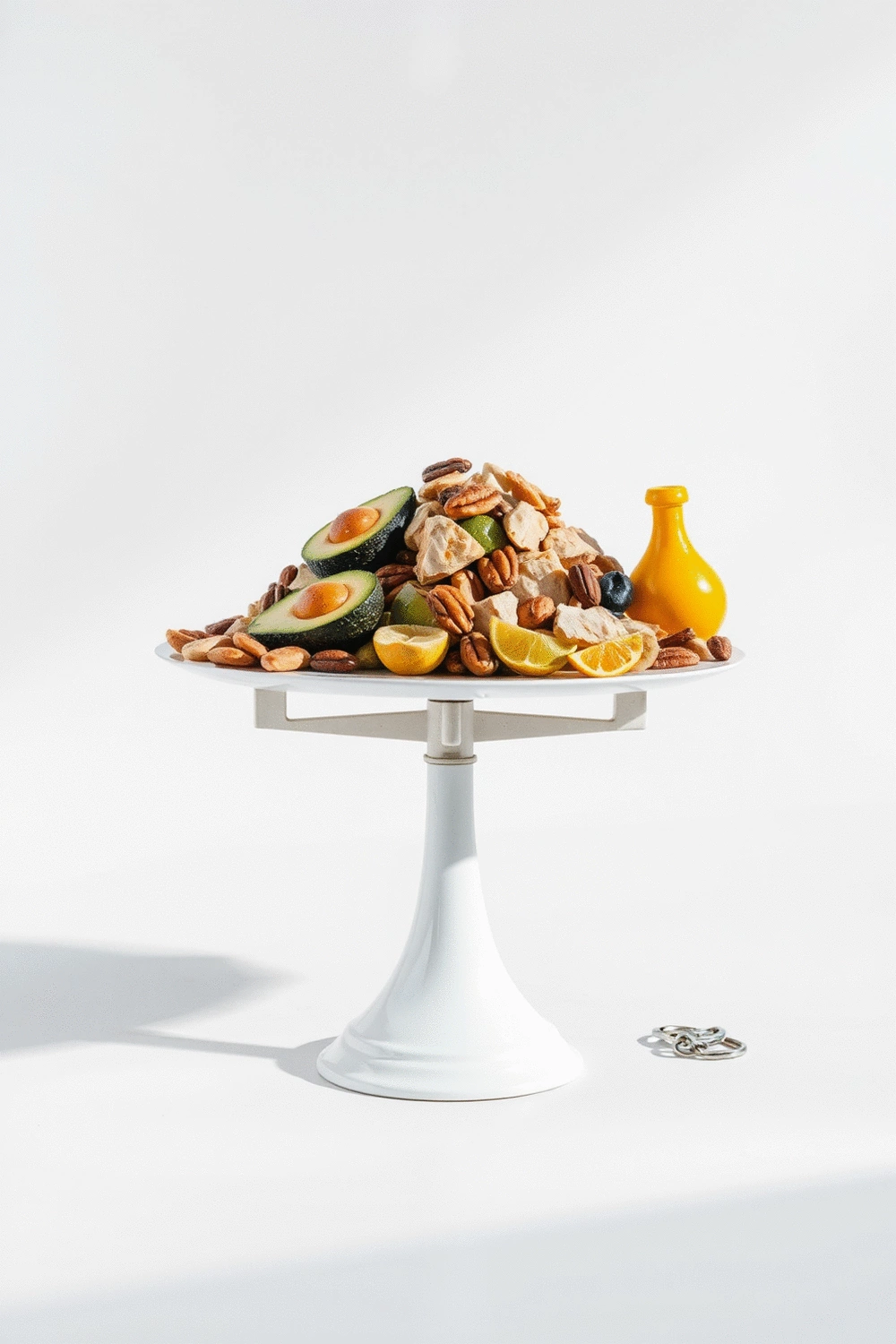 Conceptual image showing a balance scale with 'healthy fats' outweighing 'fat myths', clean and bright setting.