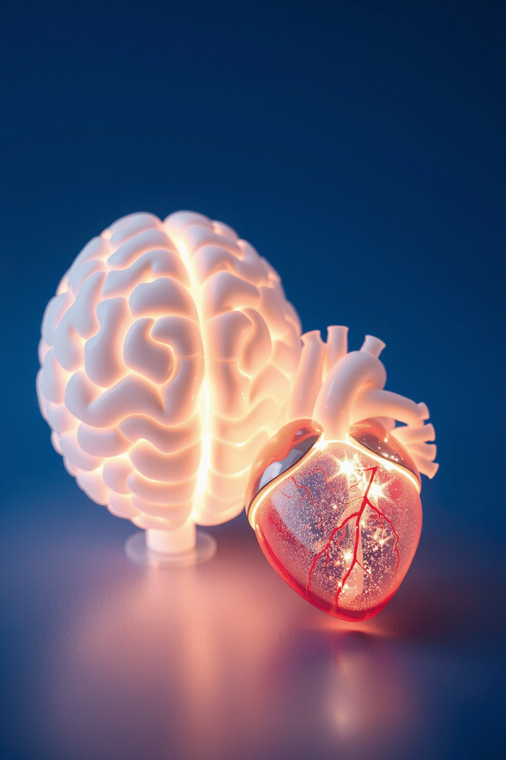 Scientific illustration of a healthy heart and brain, connected by abstract lines representing blood flow, on a clean, light background.