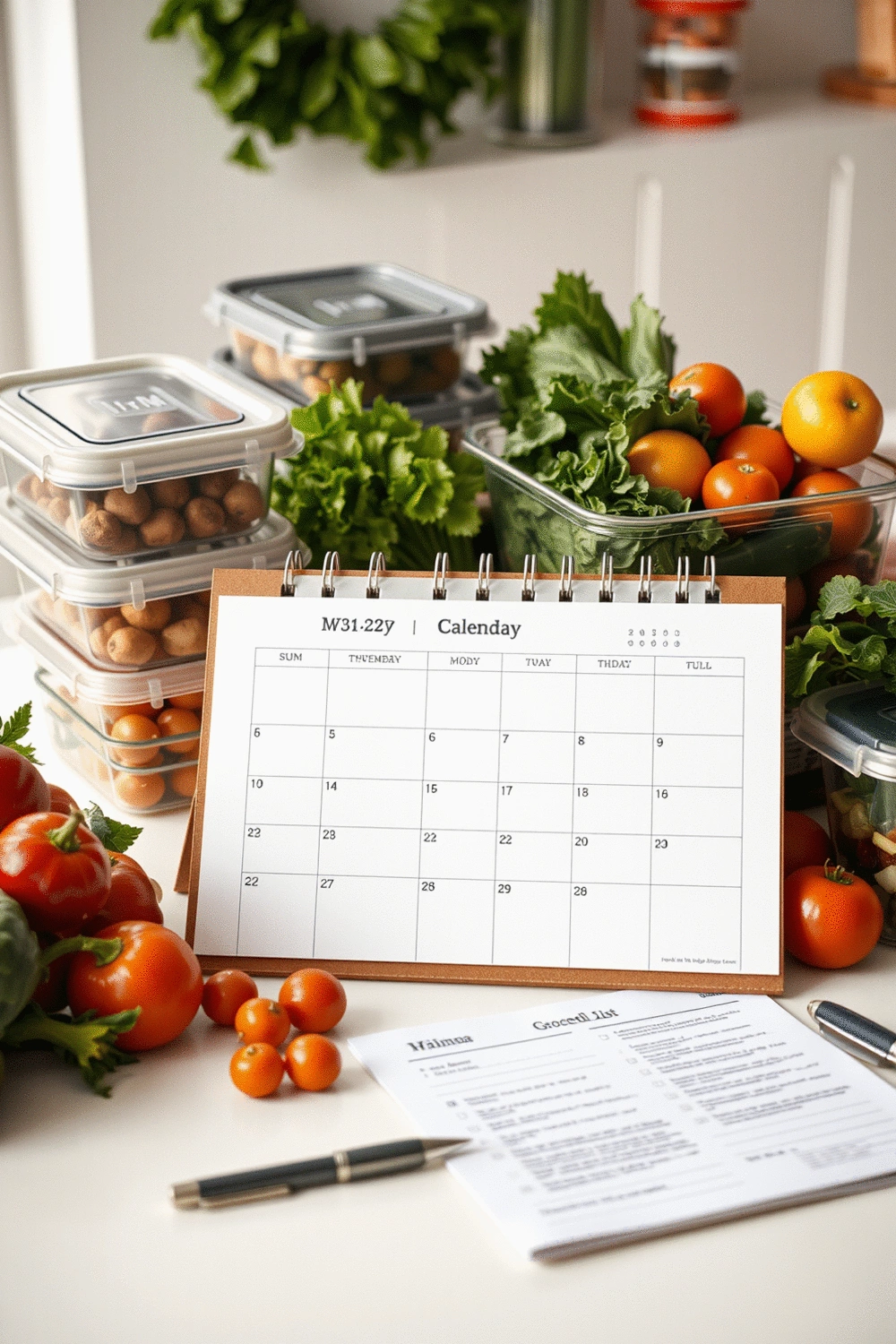 Calendar with meal prep schedule and grocery list, surrounded by fresh vegetables and meal containers, symbolizing organization and commitment
