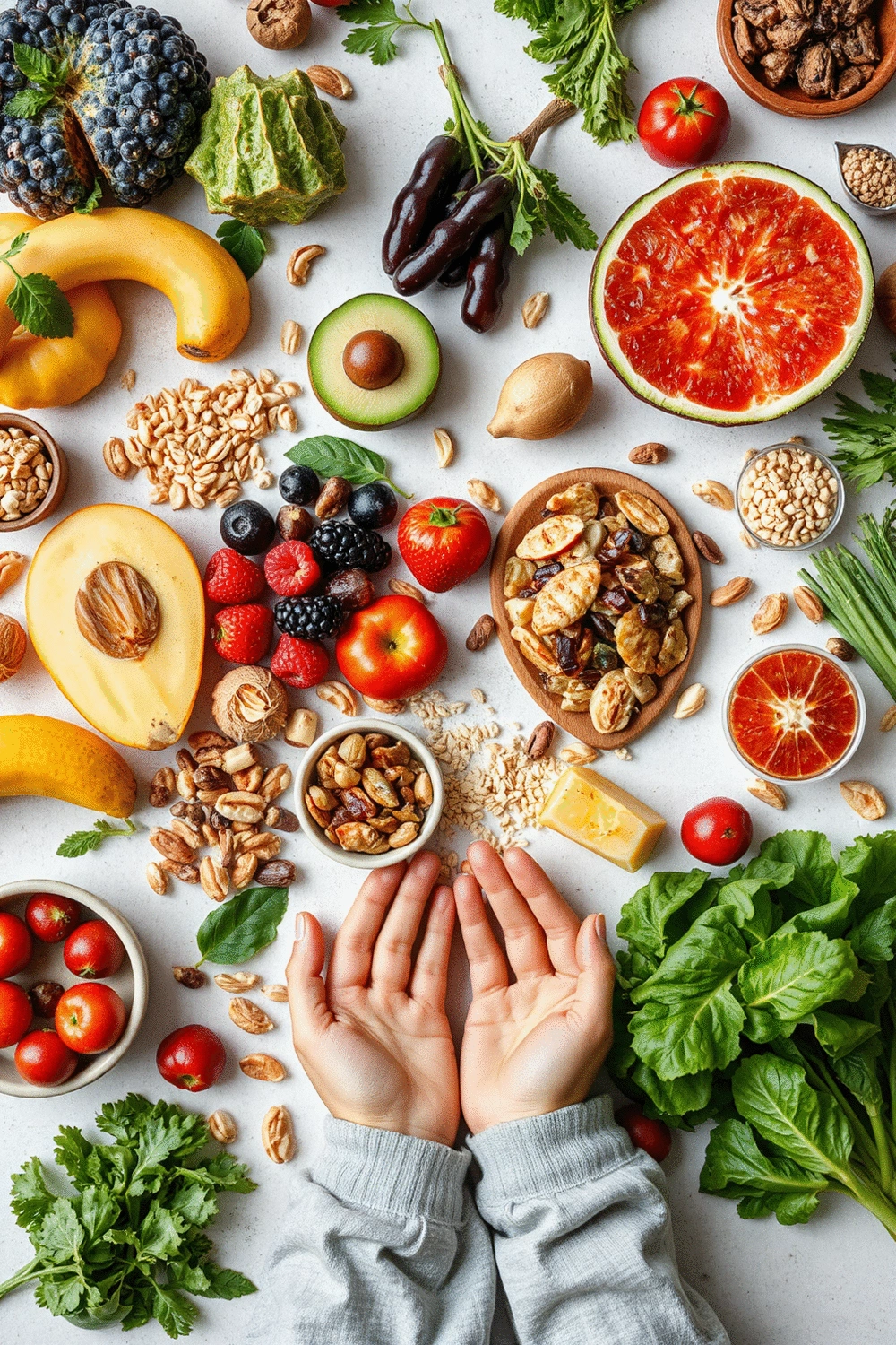 A vibrant flat lay of various healthy foods like fruits, vegetables, nuts, and whole grains, arranged aesthetically on a light background, symbolizing balanced nutrition for mental health.