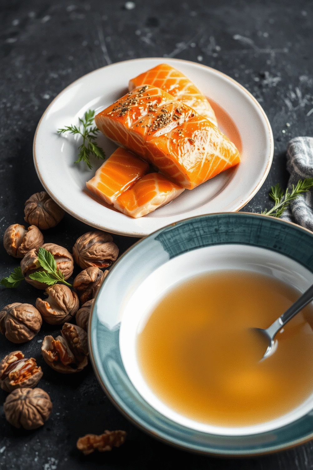 A still life composition of salmon fillets, walnuts, and a bowl of bone broth, emphasizing foods rich in Omega-3 fatty acids and collagen for joint health.