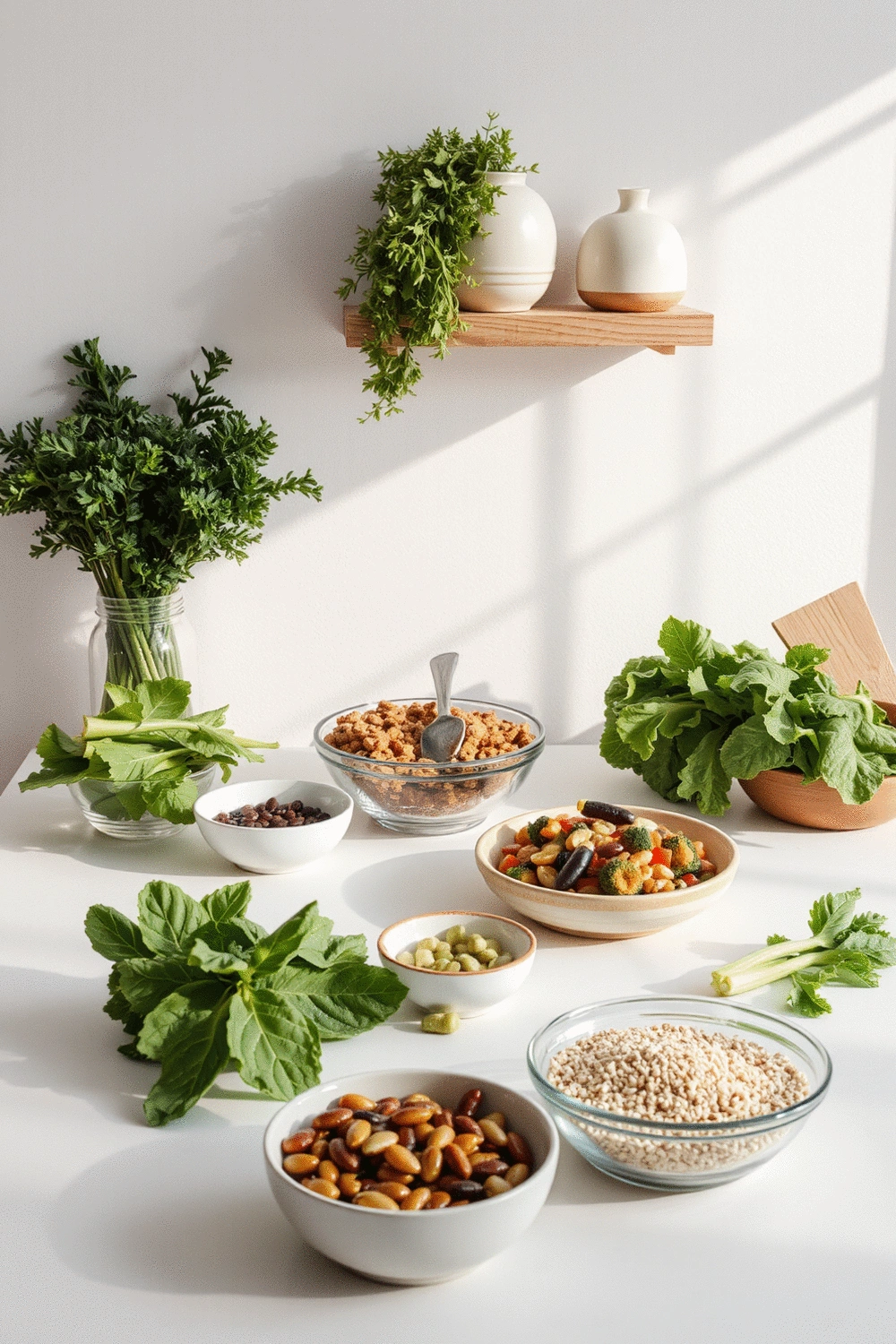 A serene kitchen counter with various plant-based ingredients like fresh vegetables, legumes in bowls, and whole grains, suggesting healthy meal preparation.