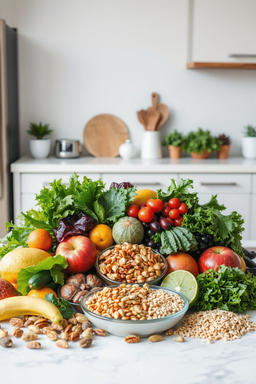 Assortment of nutrient-rich foods on a kitchen counter, including leafy greens, fruits, nuts, and whole grains, symbolizing postpartum recovery and energy restoration
