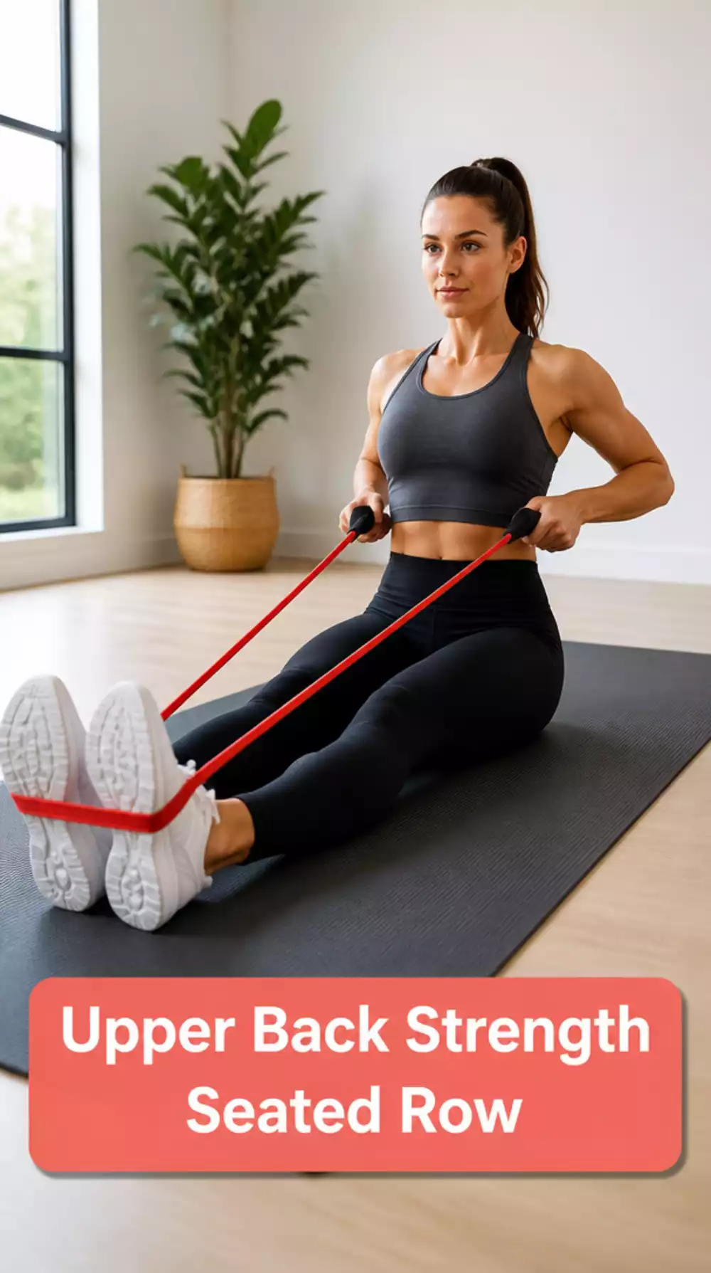 Postpartum Home Core Workout Resistance Band Seated Row for Upper Back Strength