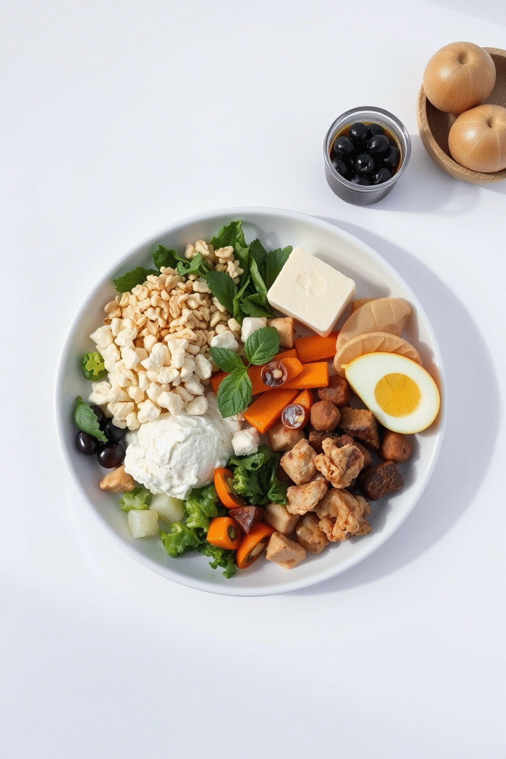 Stylized graphic showing a balanced plate with various macronutrients: carbohydrates, proteins, and healthy fats
