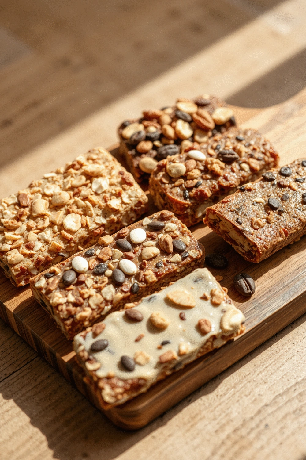 A variety of healthy energy bars and energy bites arranged artfully on a wooden board, showcasing whole ingredients like nuts, seeds, and dried fruits.