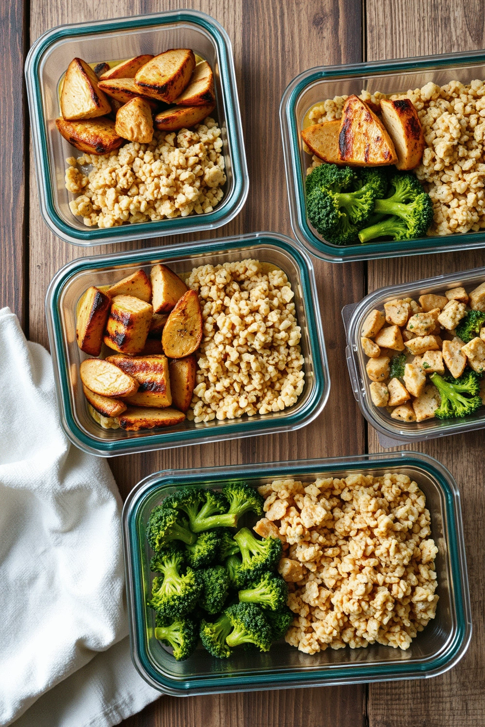 Flat lay of a meticulously organized meal prep containers filled with balanced meals: grilled chicken, quinoa, and steamed broccoli, on a rustic wooden table.