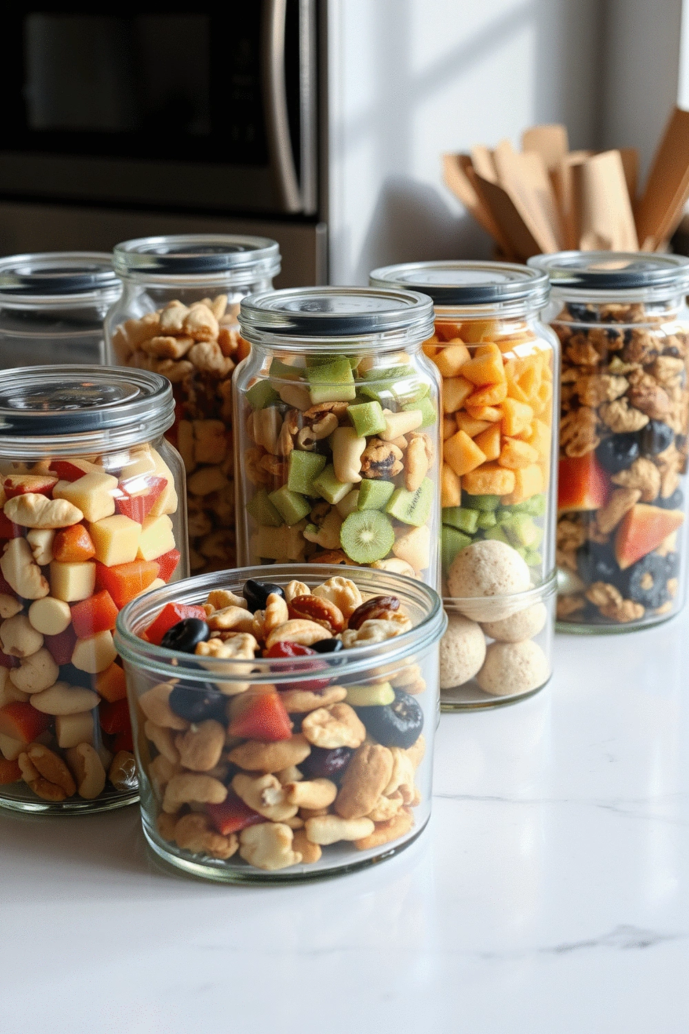 Several airtight glass containers filled with pre-portioned healthy snacks like chopped fruits, mixed nuts, and energy balls, neatly arranged on a kitchen counter.