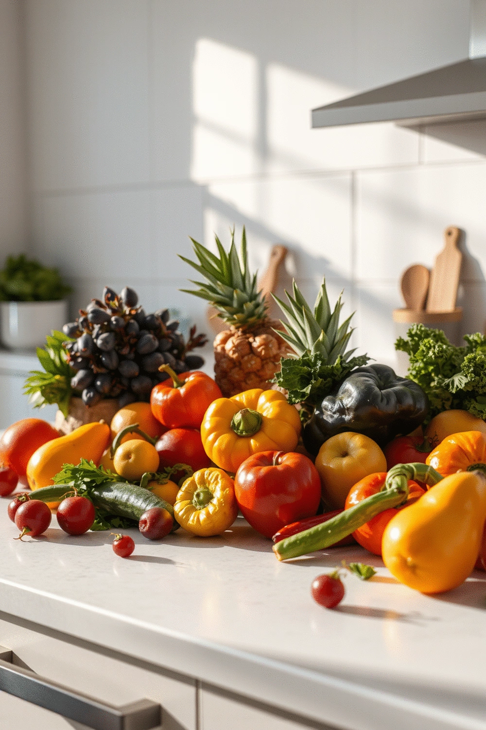 A variety of colorful fresh fruits and vegetables artfully arranged on a clean kitchen counter, bathed in soft natural light.