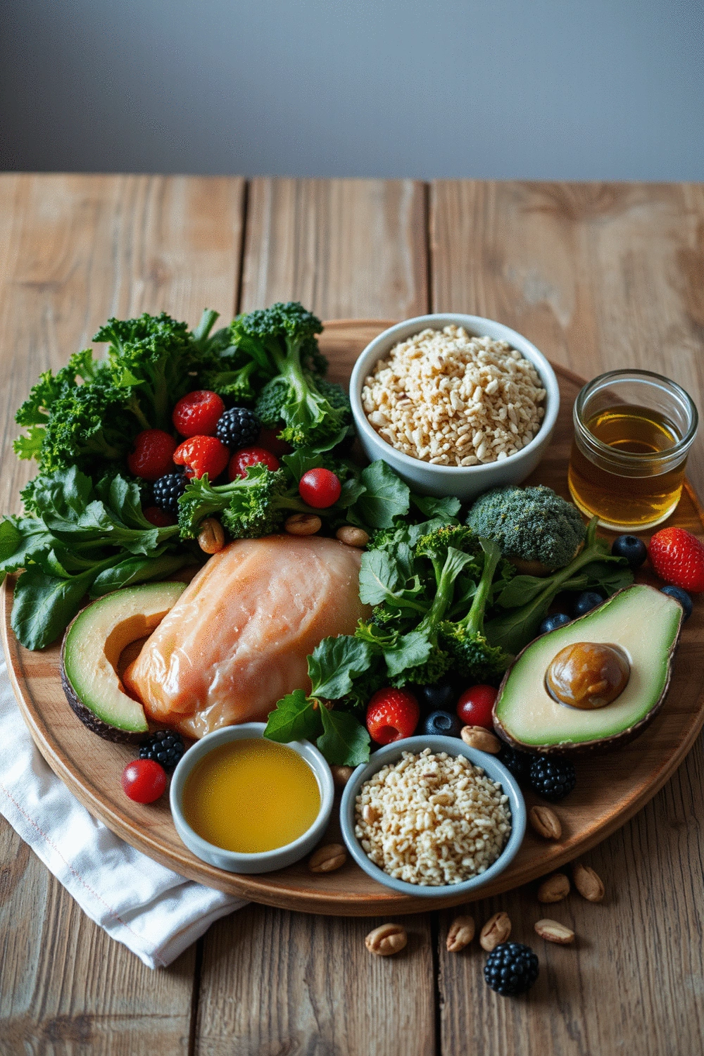 Assortment of fresh fruits, vegetables, lean proteins, and whole grains arranged artfully on a wooden table, representing a balanced diet.