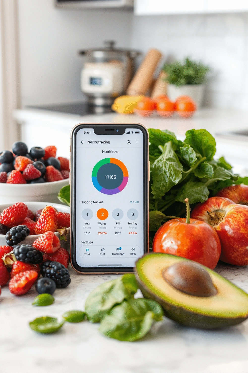 A smartphone displaying a nutrition tracking app interface, surrounded by various fresh fruits and vegetables on a clean kitchen counter.