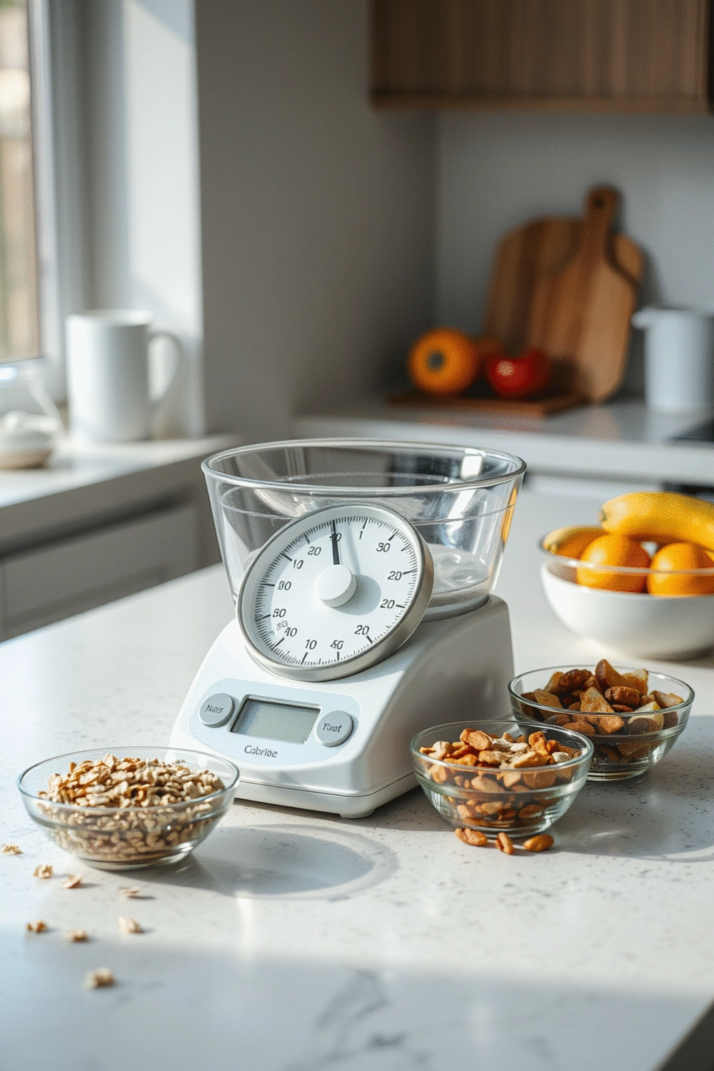 Food scale on a kitchen counter with various ingredients like oats, fruits, and nuts in bowls, representing caloric measurement