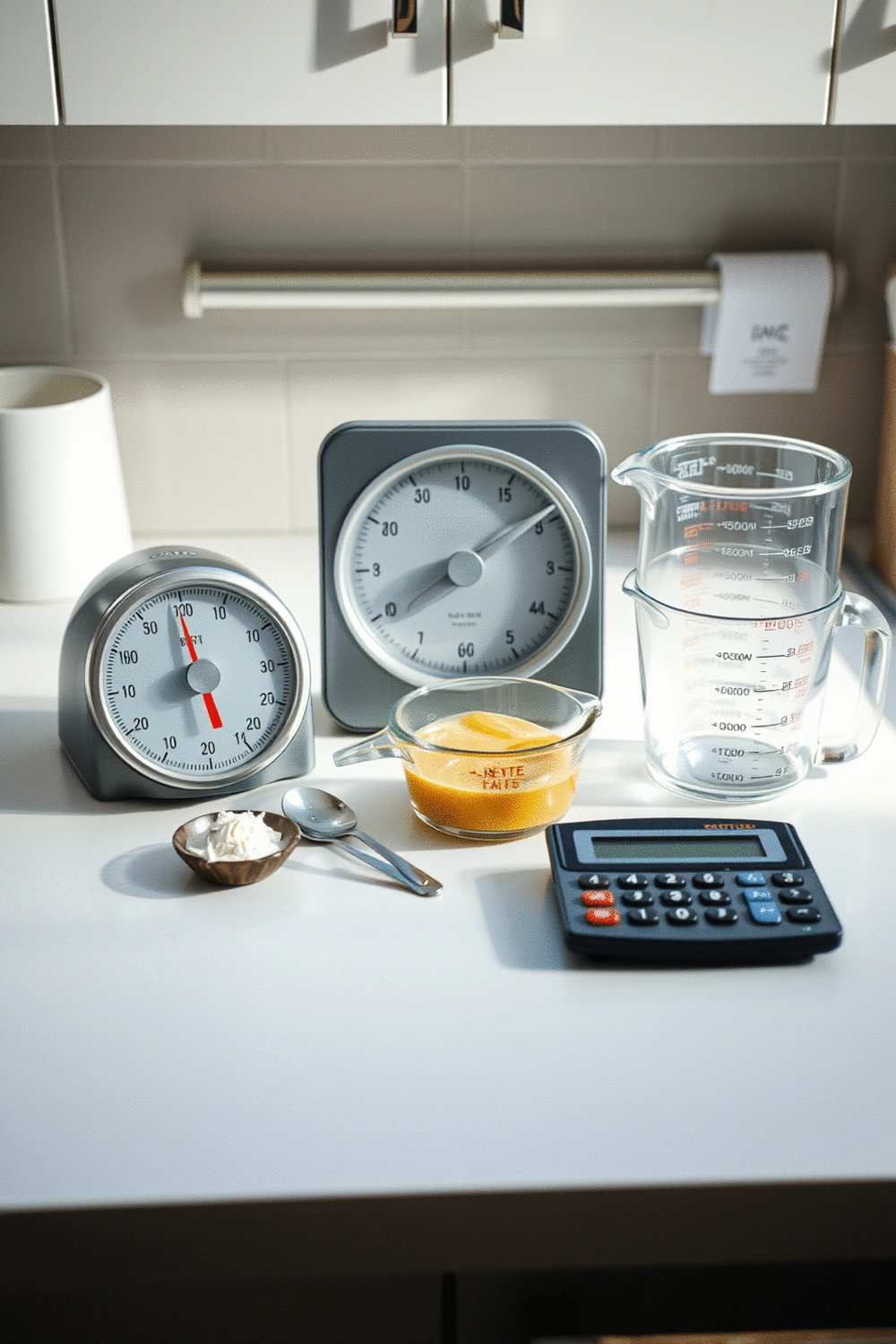 Various measuring tools like a kitchen scale, measuring cups, and a calculator on a clean counter, representing protein intake calculation