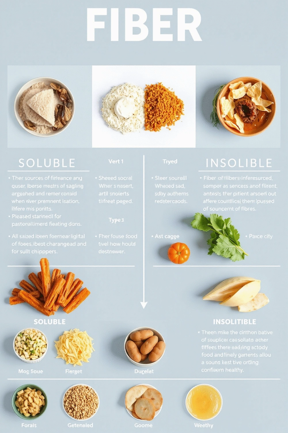 Detailed chart illustrating the two types of fiber, soluble and insoluble, with examples of food sources for each, and their respective benefits for women's health.