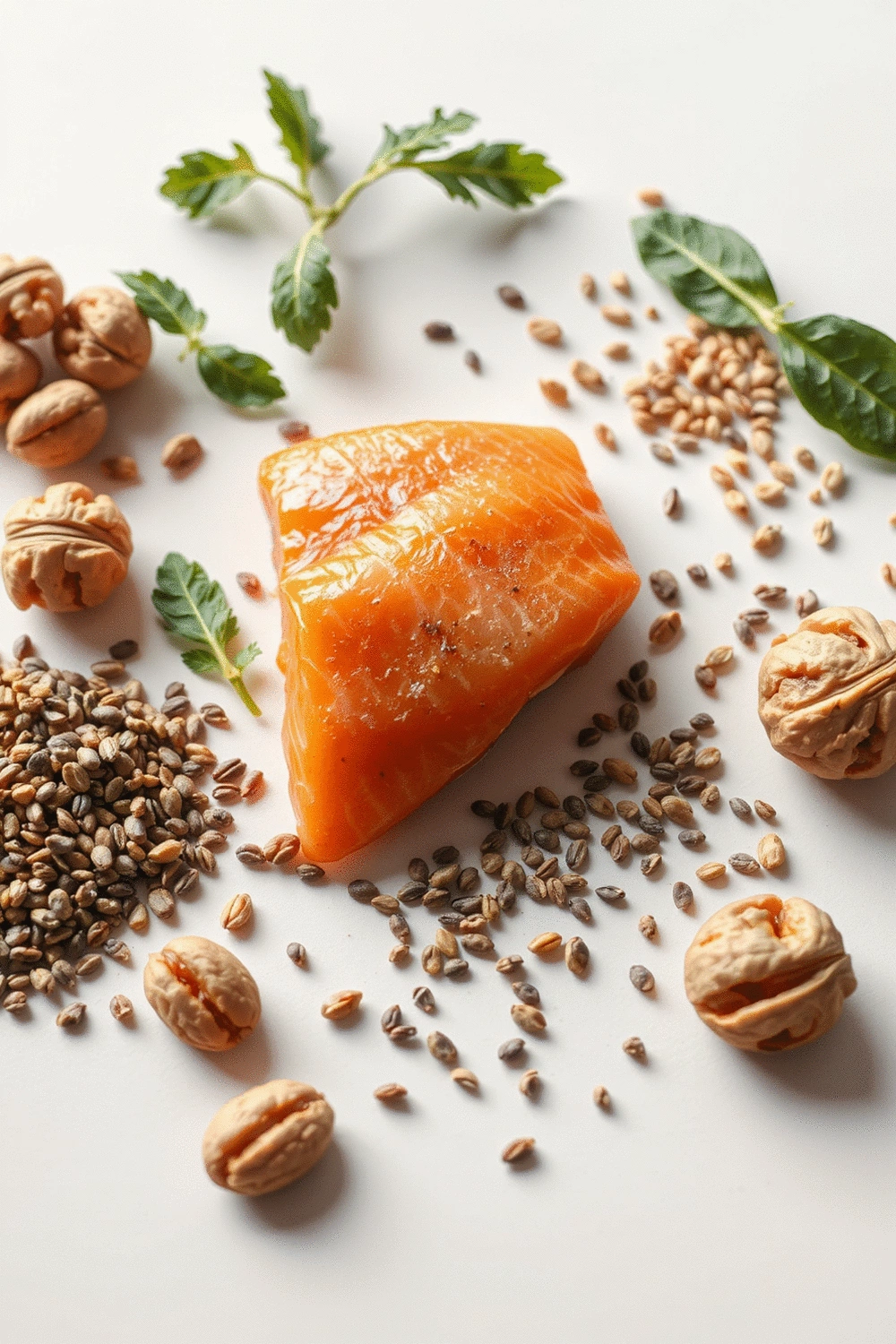 Flat lay of various omega-3 rich foods like salmon, flaxseeds, and walnuts on a light background, emphasizing healthy fats for skin.