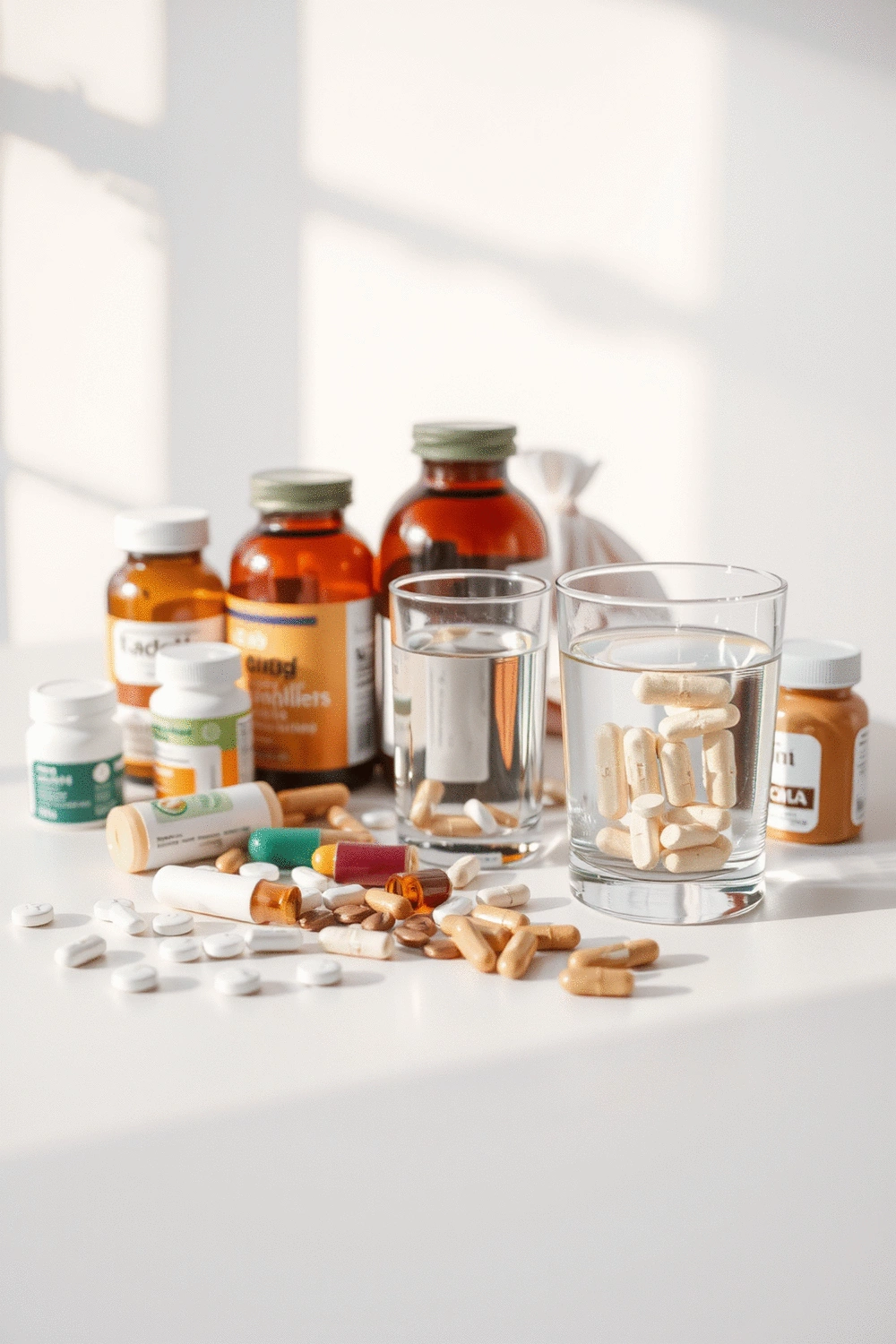 A collection of various medications and a glass of water on a clean, white counter, symbolizing the interaction between diet, supplements, and prescriptions.