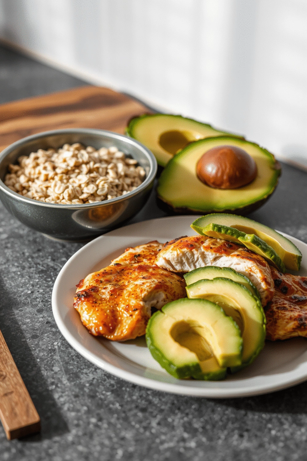 Close-up of various macronutrient sources: a bowl of oats (carbohydrates), grilled chicken breast (protein), and avocado slices on a plate (healthy fats), all arranged neatly on a kitchen counter.